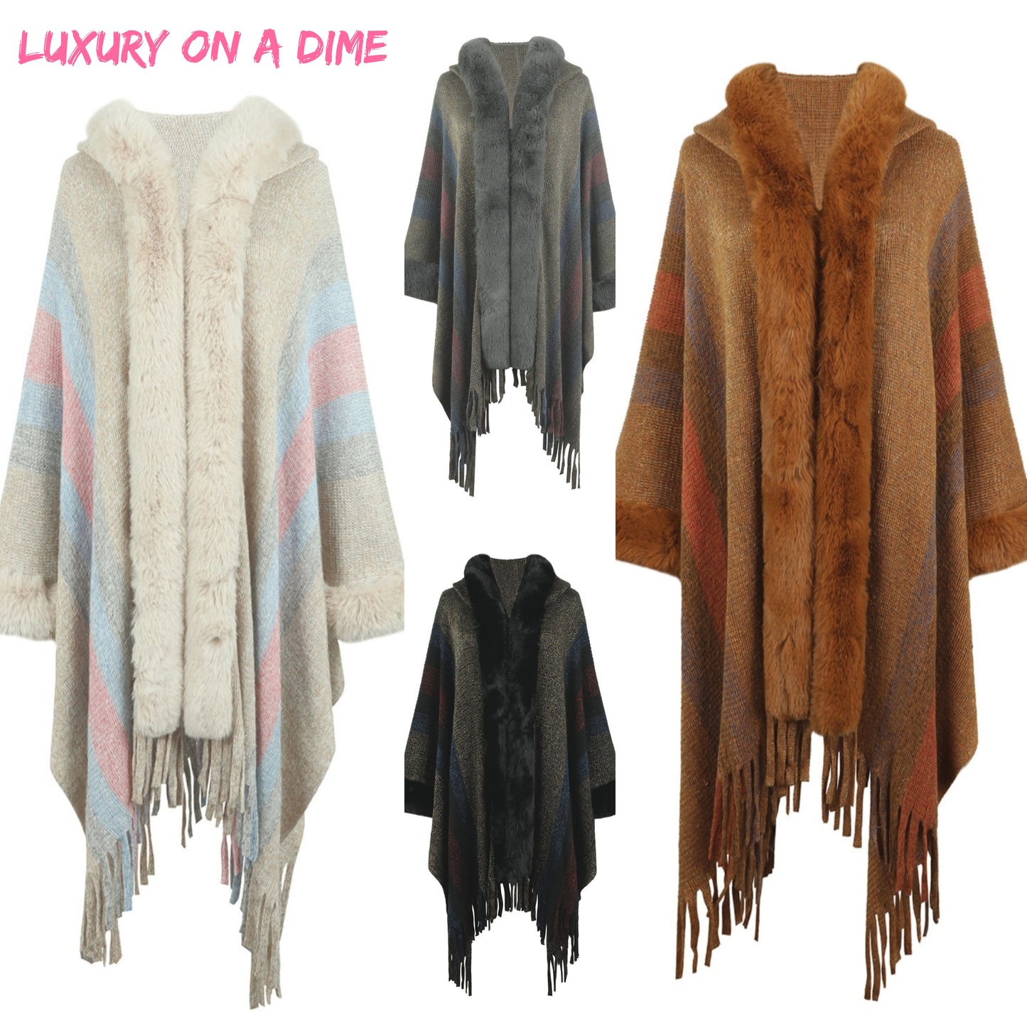 Plush Faux Fur Fringe Hem Retro Oversized Long Knit Hoodie Cardigan Poncho