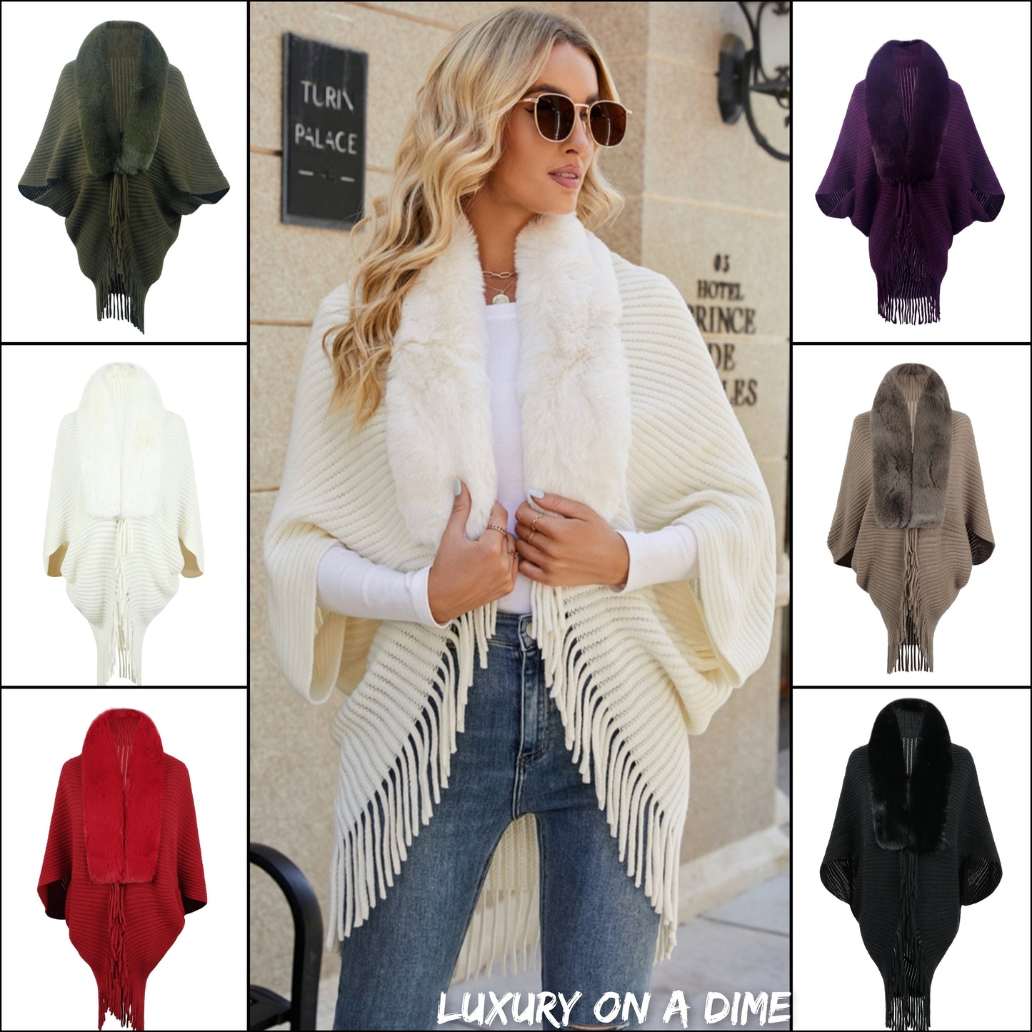 Plush Faux Fur Fringe Hem Oversized Open Front Knit Cardigan Poncho Jacket