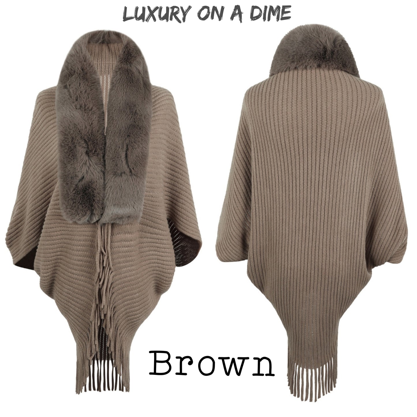 Plush Faux Fur Fringe Hem Oversized Open Front Knit Cardigan Poncho Jacket