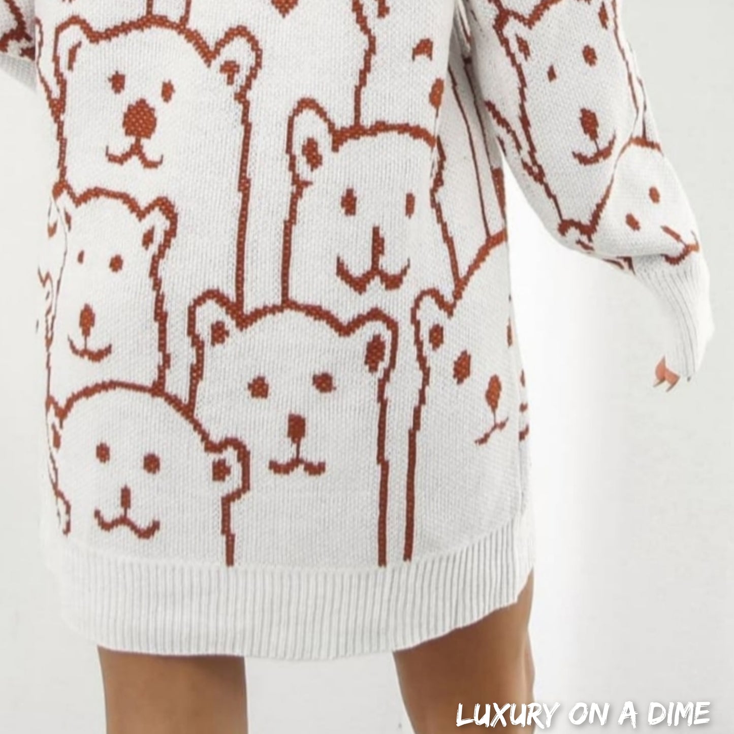 Polar Bear Round Neck Cozy Knit Long Sleeve Mini Sweater Dress