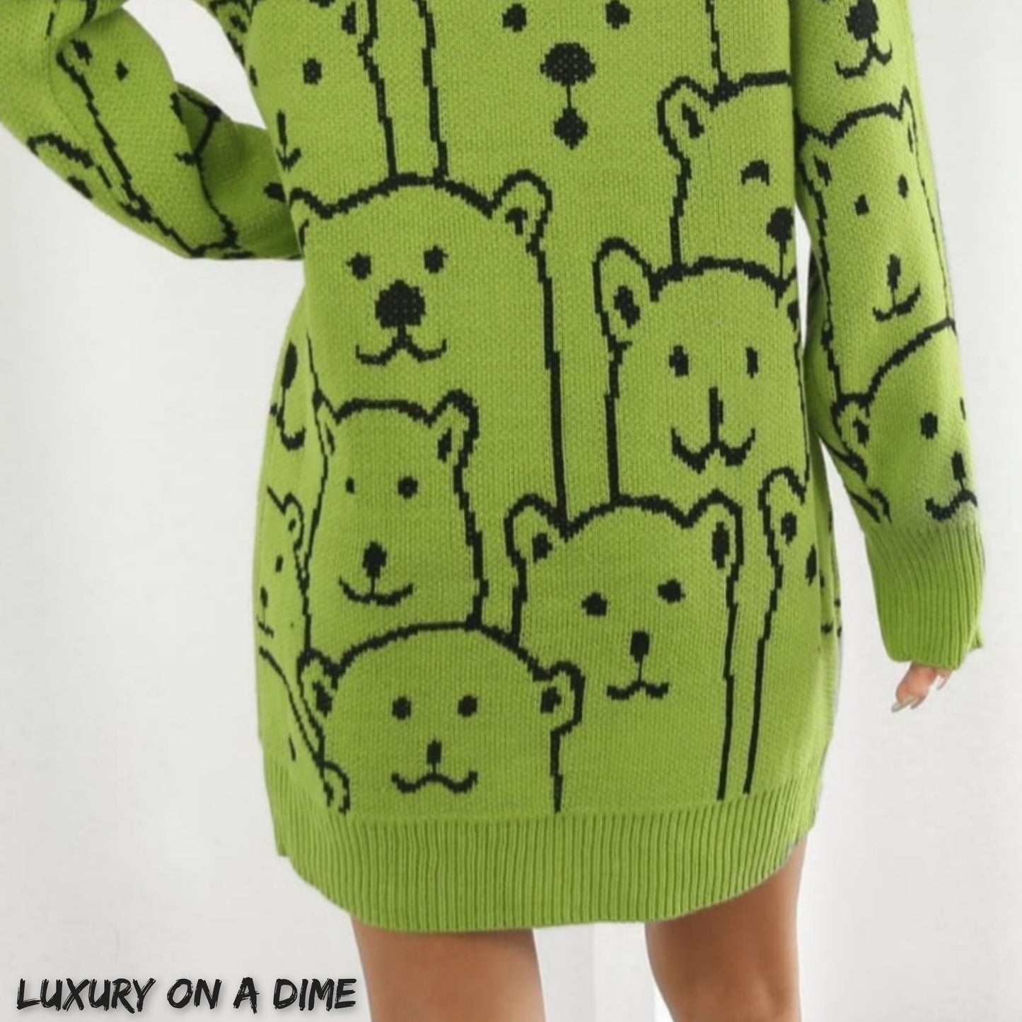 Polar Bear Round Neck Cozy Knit Long Sleeve Mini Sweater Dress