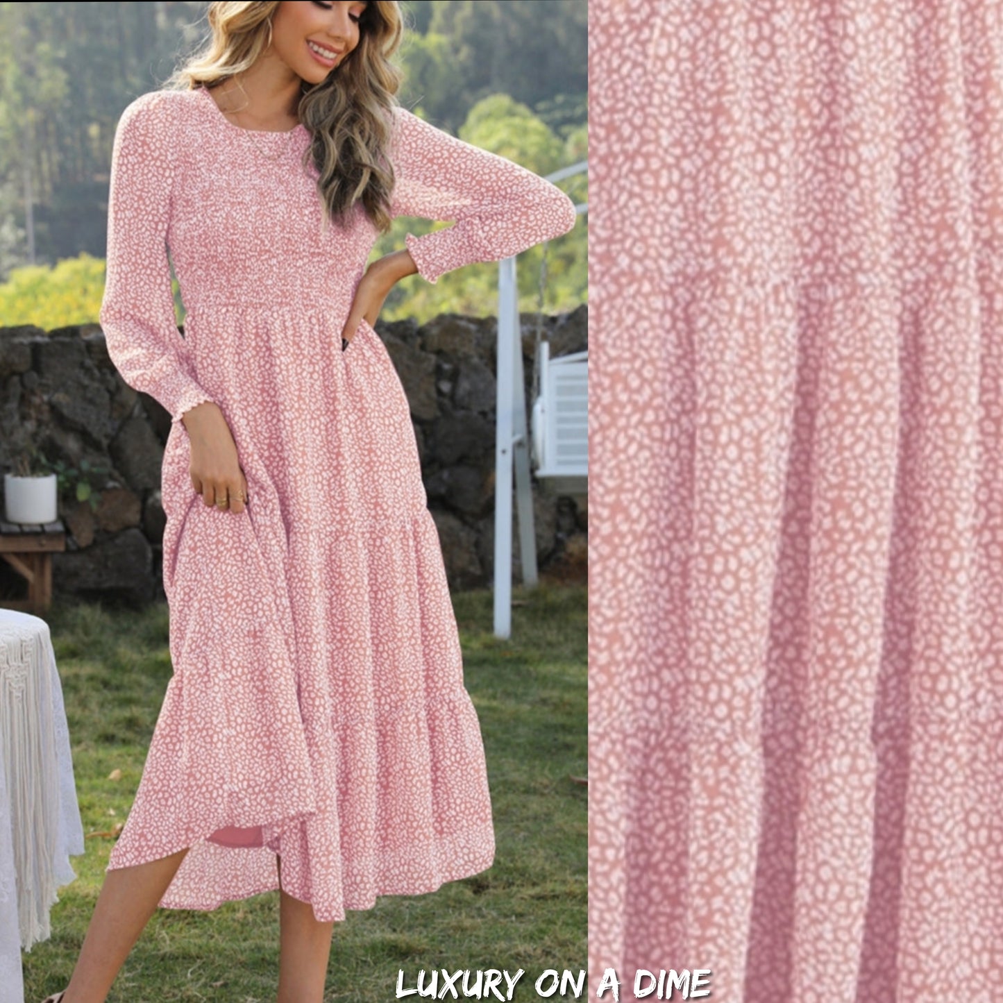 Leopard Smocked Long Lantern Sleeve Modest Midi Dress