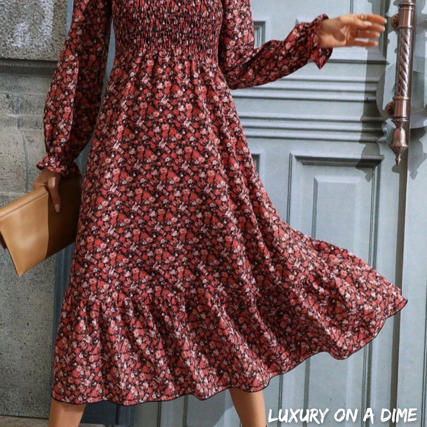 Retro Floral Print Modest Long-sleeve Smocked Bodice Midi Prairie Dress