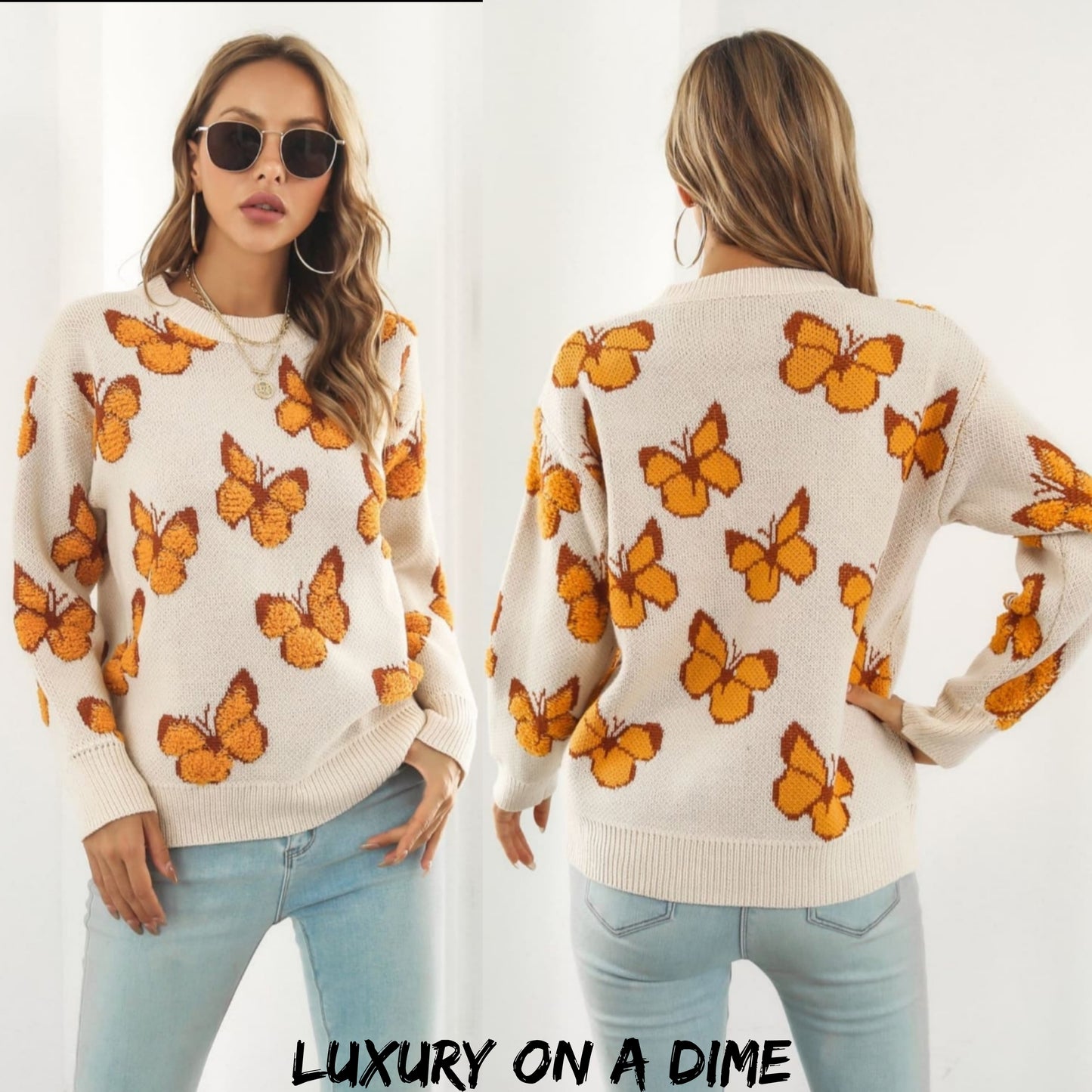 Fuzzy Monarch Butterfly Raised Shag Bold Colors Knit Pullover Sweater Shirt