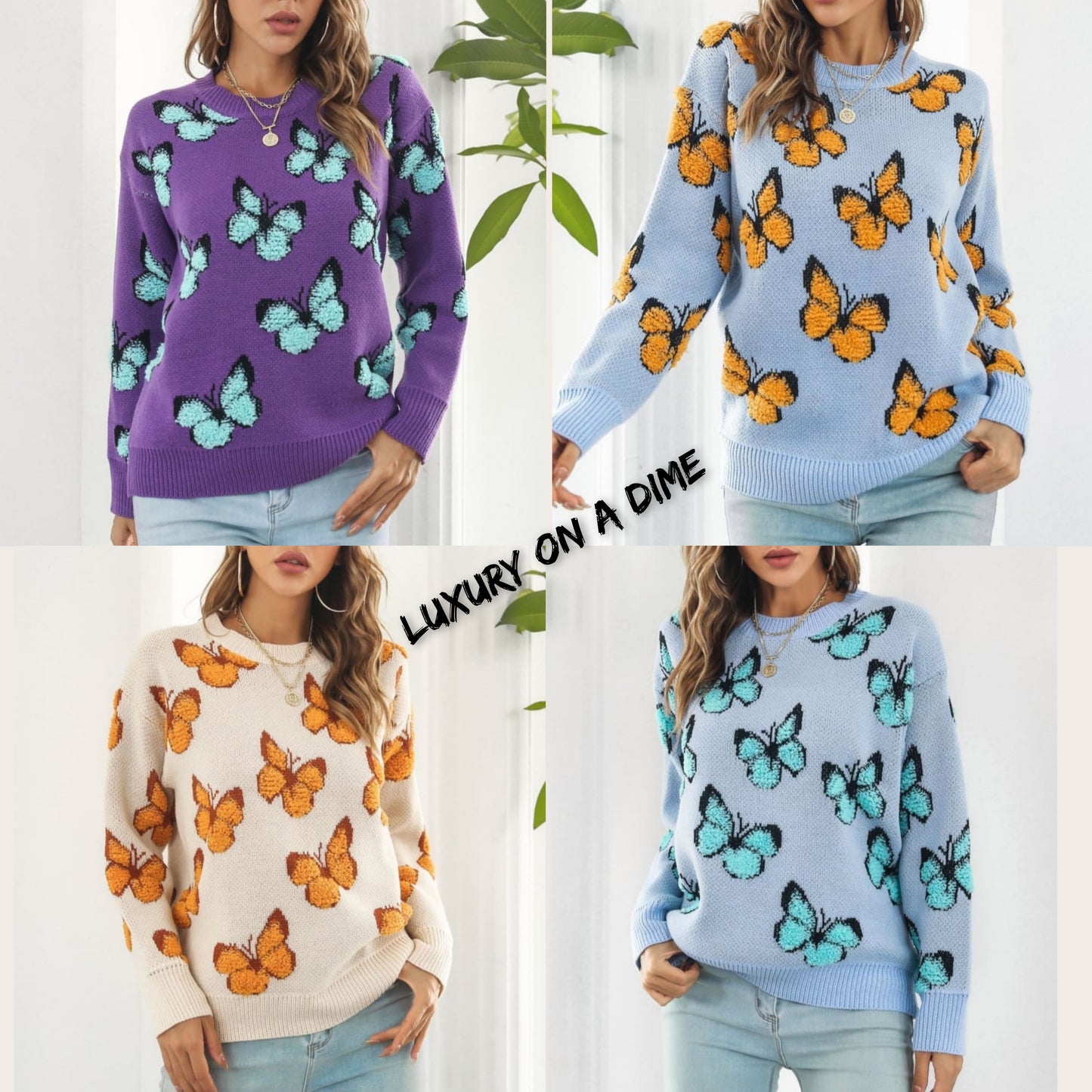 Fuzzy Monarch Butterfly Raised Shag Bold Colors Knit Pullover Sweater Shirt