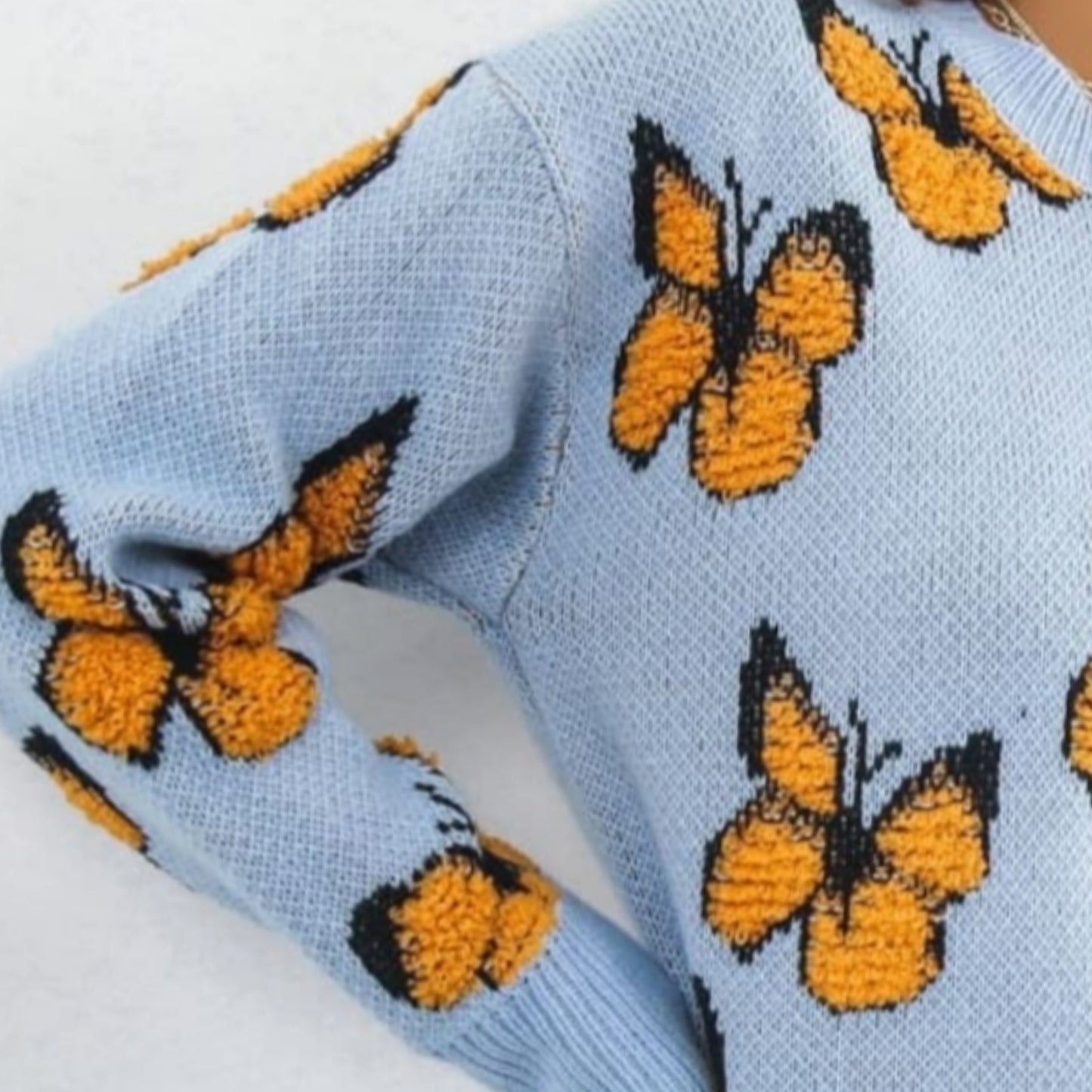 Fuzzy Monarch Butterfly Raised Shag Bold Colors Knit Pullover Sweater Shirt