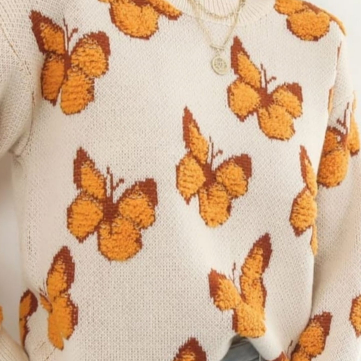 Fuzzy Monarch Butterfly Raised Shag Bold Colors Knit Pullover Sweater Shirt