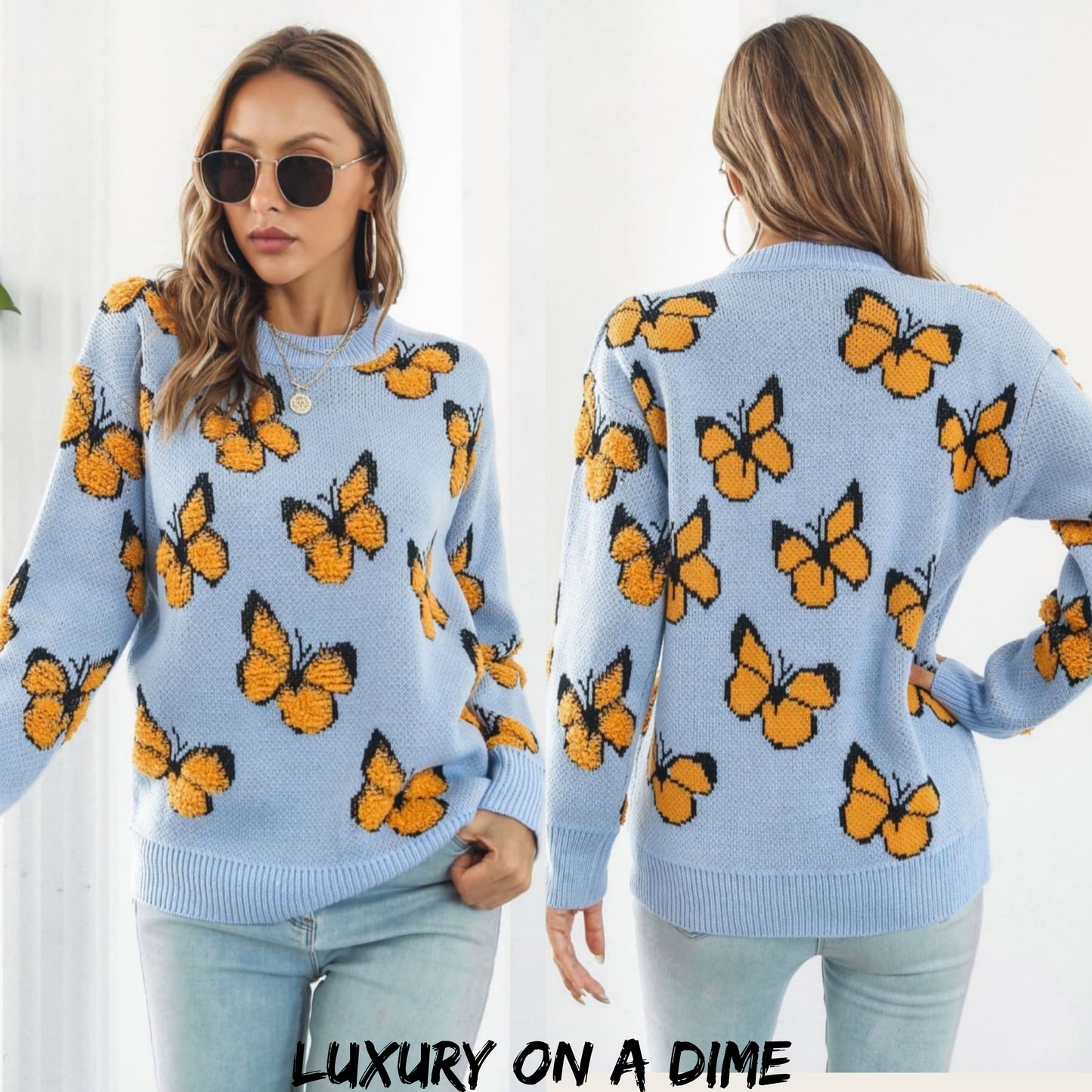 Fuzzy Monarch Butterfly Raised Shag Bold Colors Knit Pullover Sweater Shirt