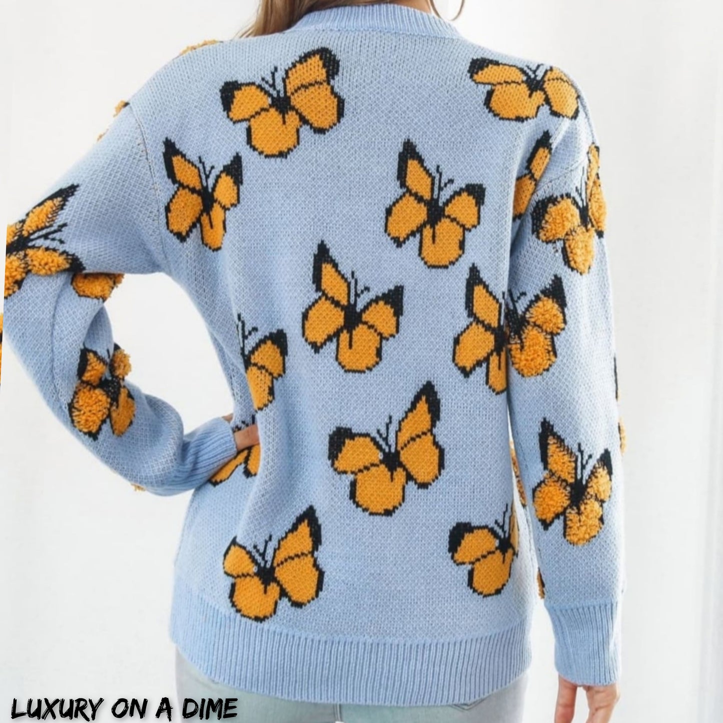 Fuzzy Monarch Butterfly Raised Shag Bold Colors Knit Pullover Sweater Shirt