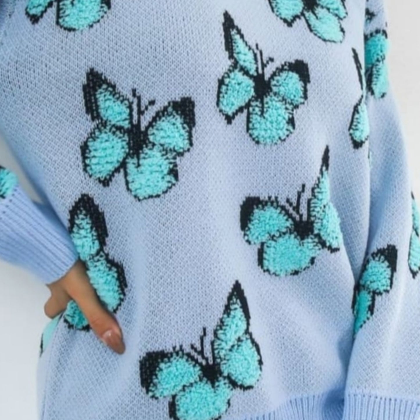 Fuzzy Monarch Butterfly Raised Shag Bold Colors Knit Pullover Sweater Shirt