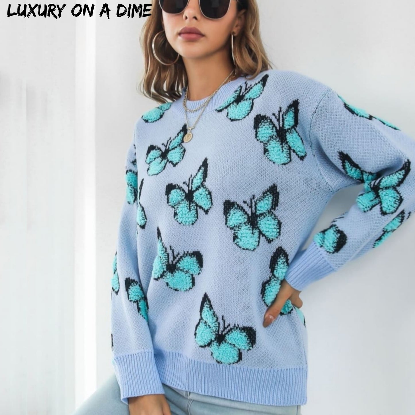 Fuzzy Monarch Butterfly Raised Shag Bold Colors Knit Pullover Sweater Shirt