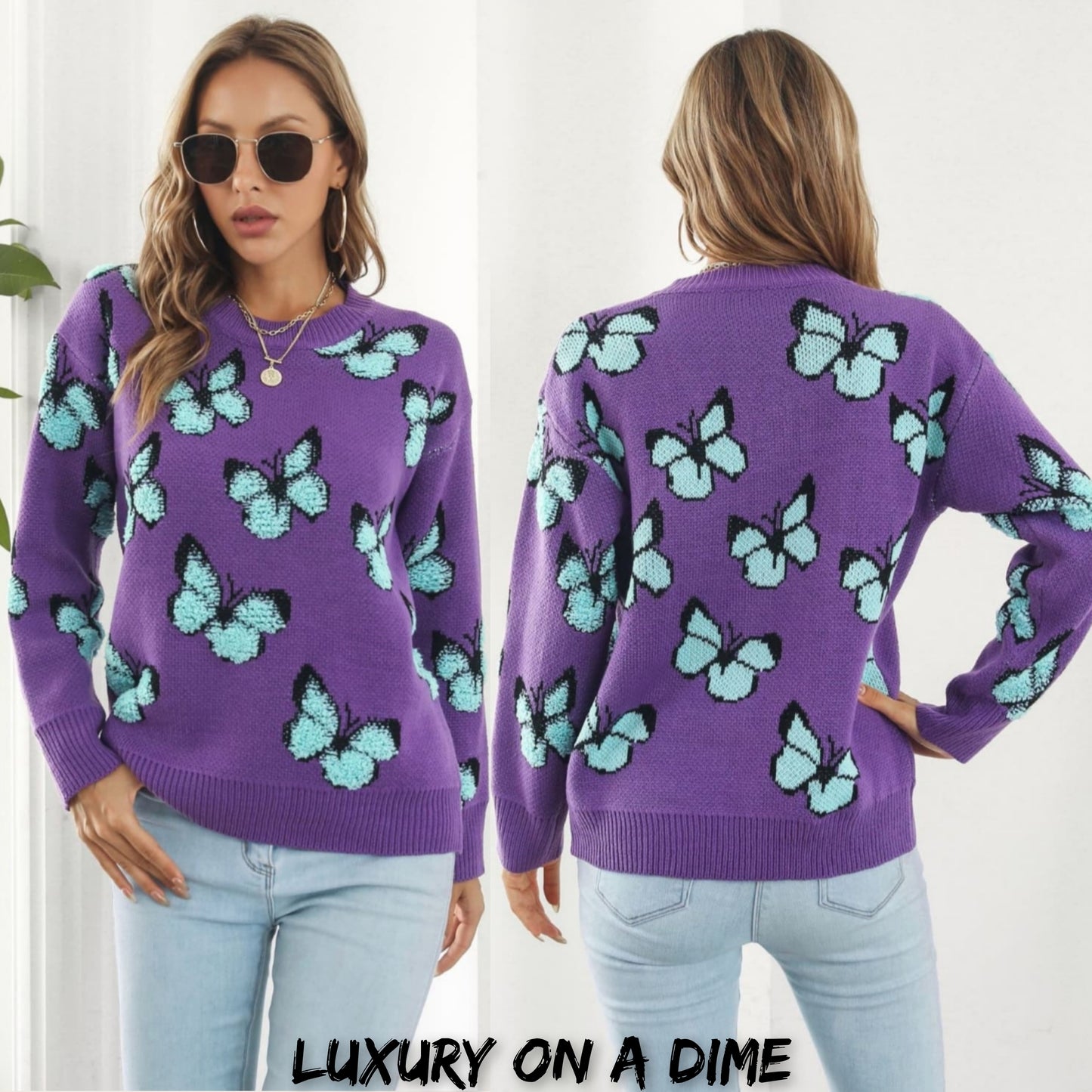 Fuzzy Monarch Butterfly Raised Shag Bold Colors Knit Pullover Sweater Shirt