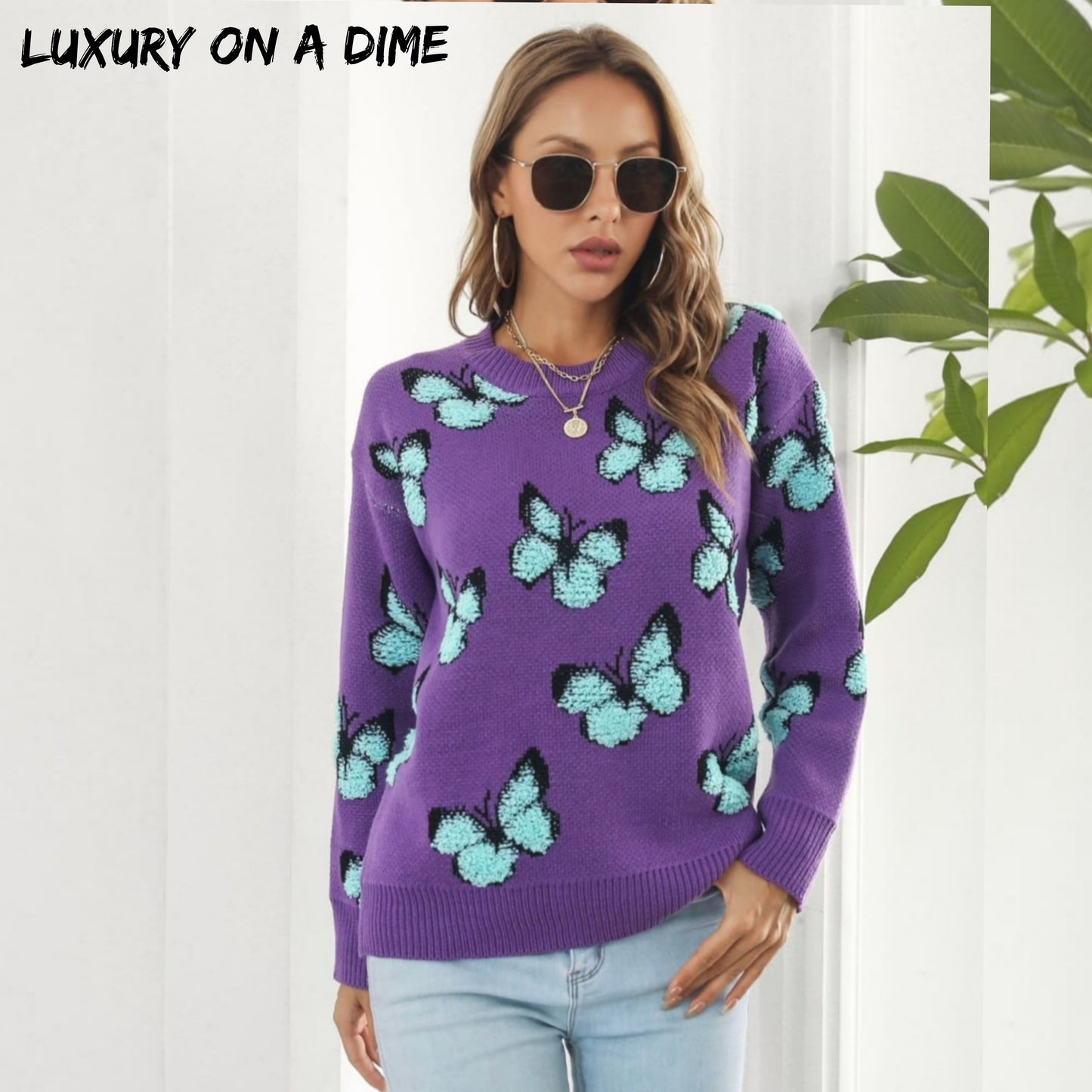 Butterfly Pattern Round Neck Dropped Shoulder Sweater