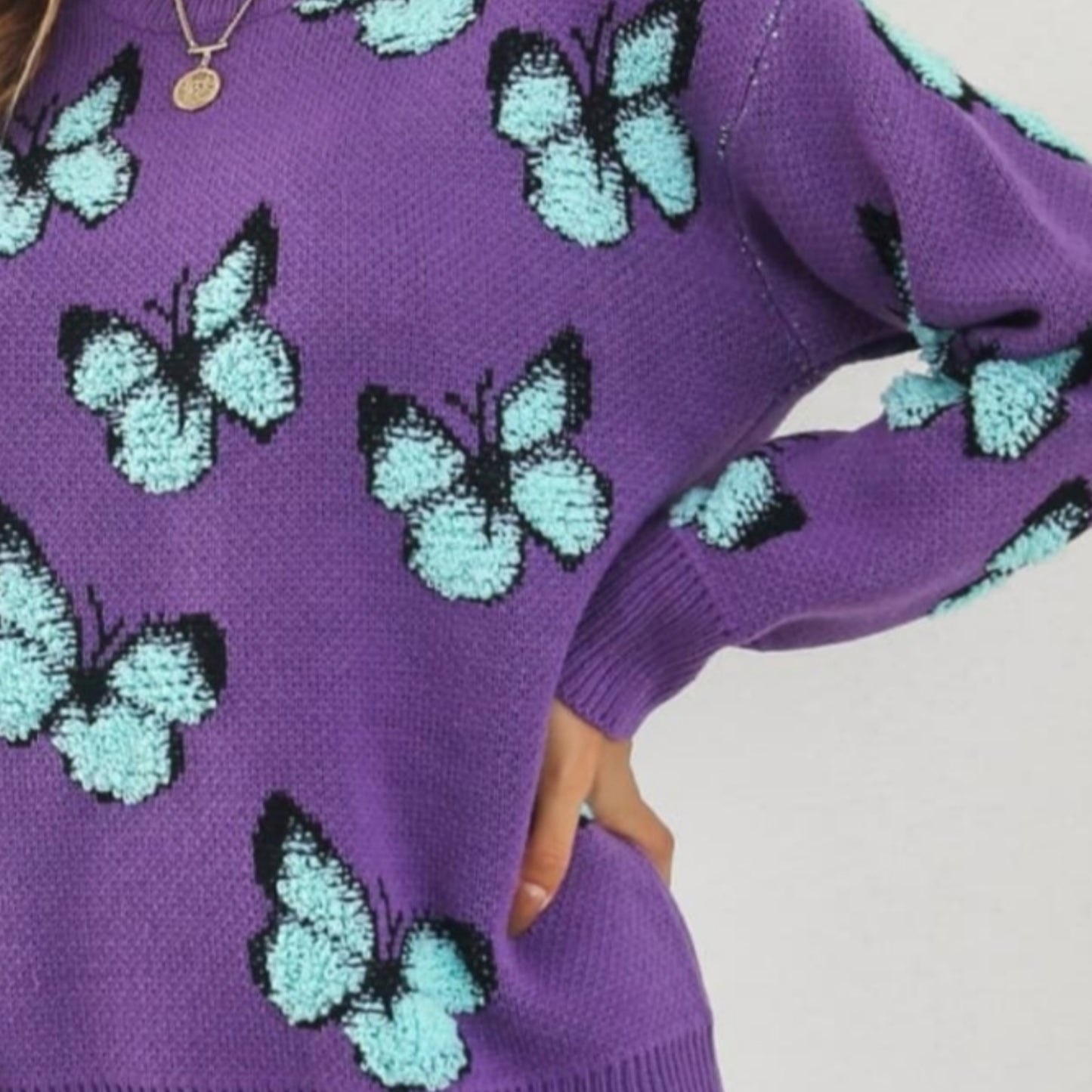 Fuzzy Monarch Butterfly Raised Shag Bold Colors Knit Pullover Sweater Shirt