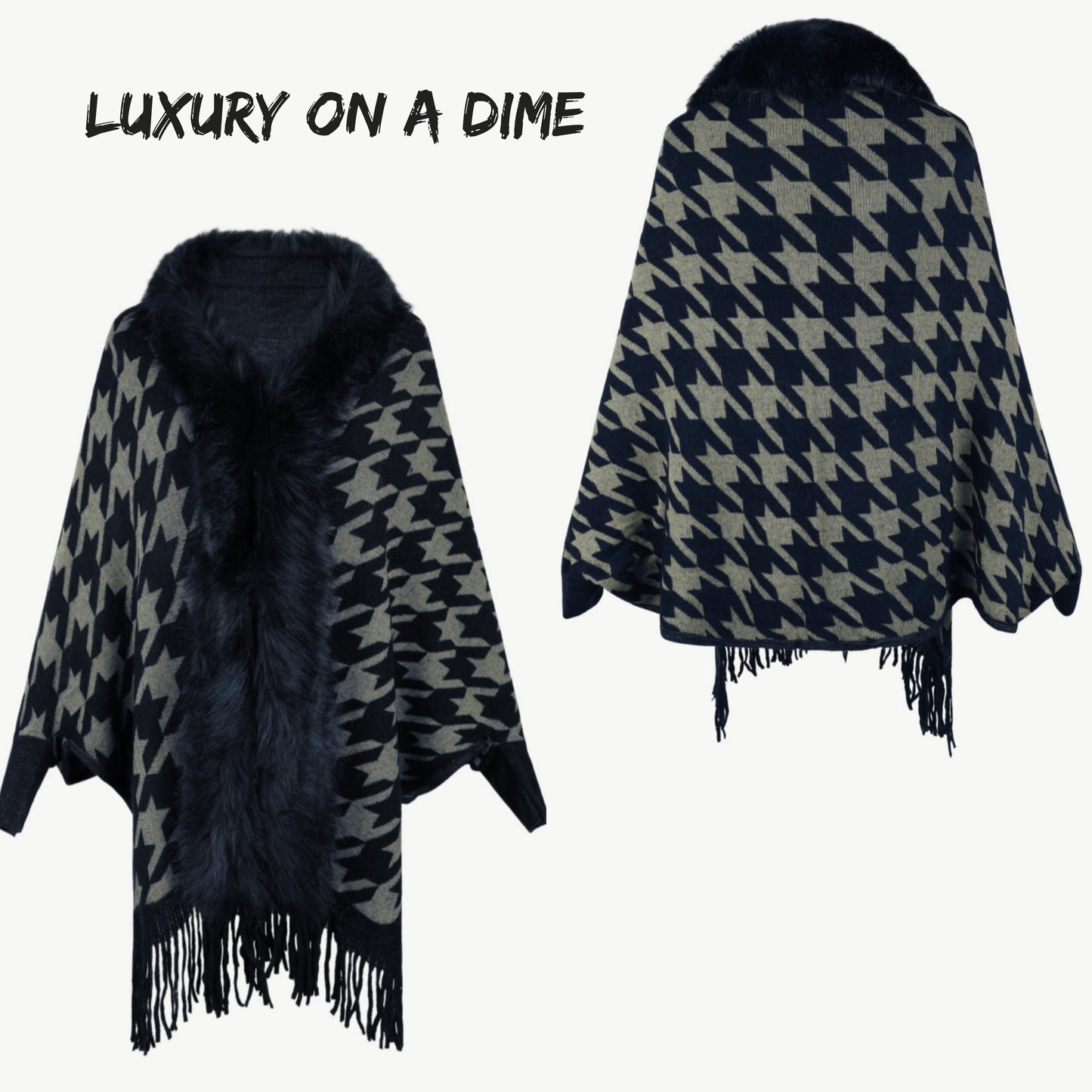 Faux Fur Retro Fringe Hem Oversized Houndstooth Knit Cardigan Poncho