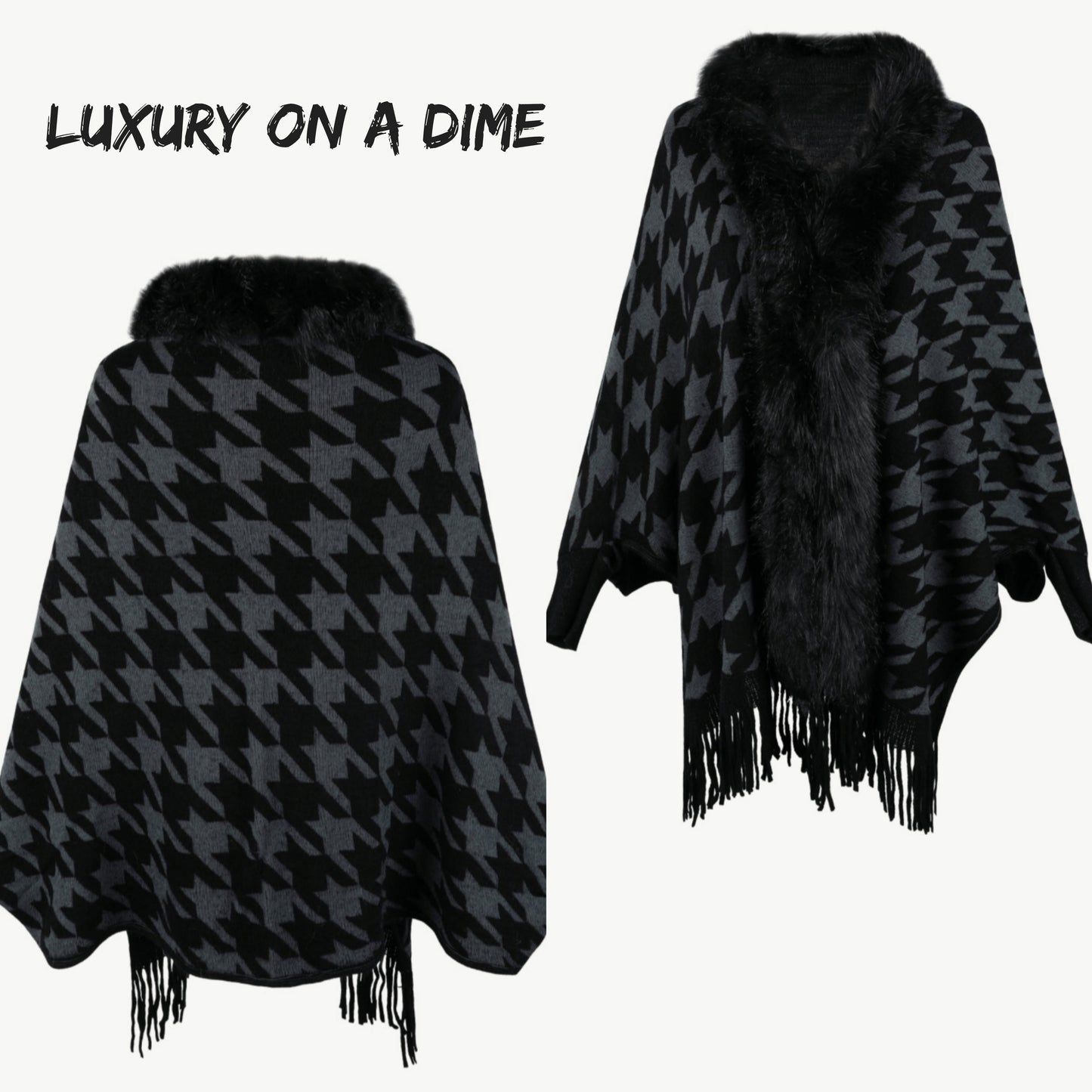 Faux Fur Retro Fringe Hem Oversized Houndstooth Knit Cardigan Poncho