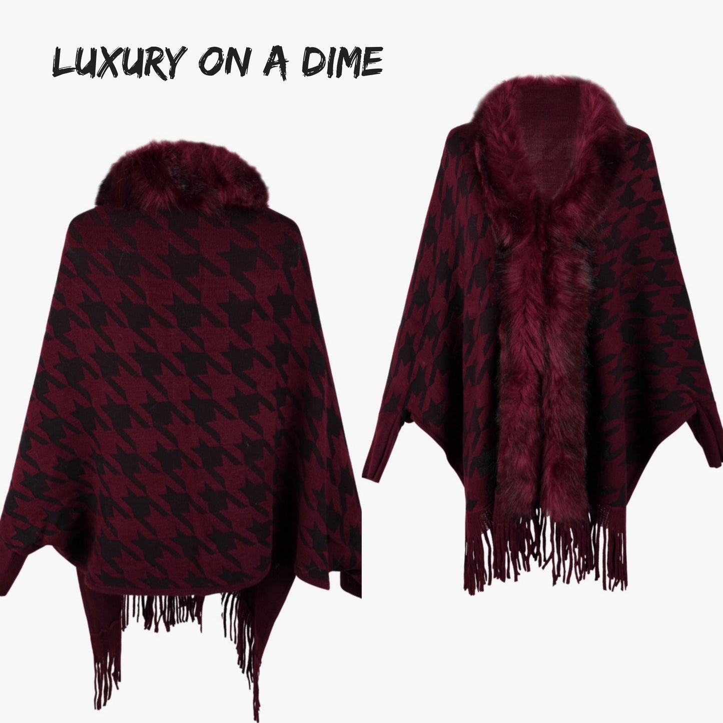 Faux Fur Retro Fringe Hem Oversized Houndstooth Knit Cardigan Poncho