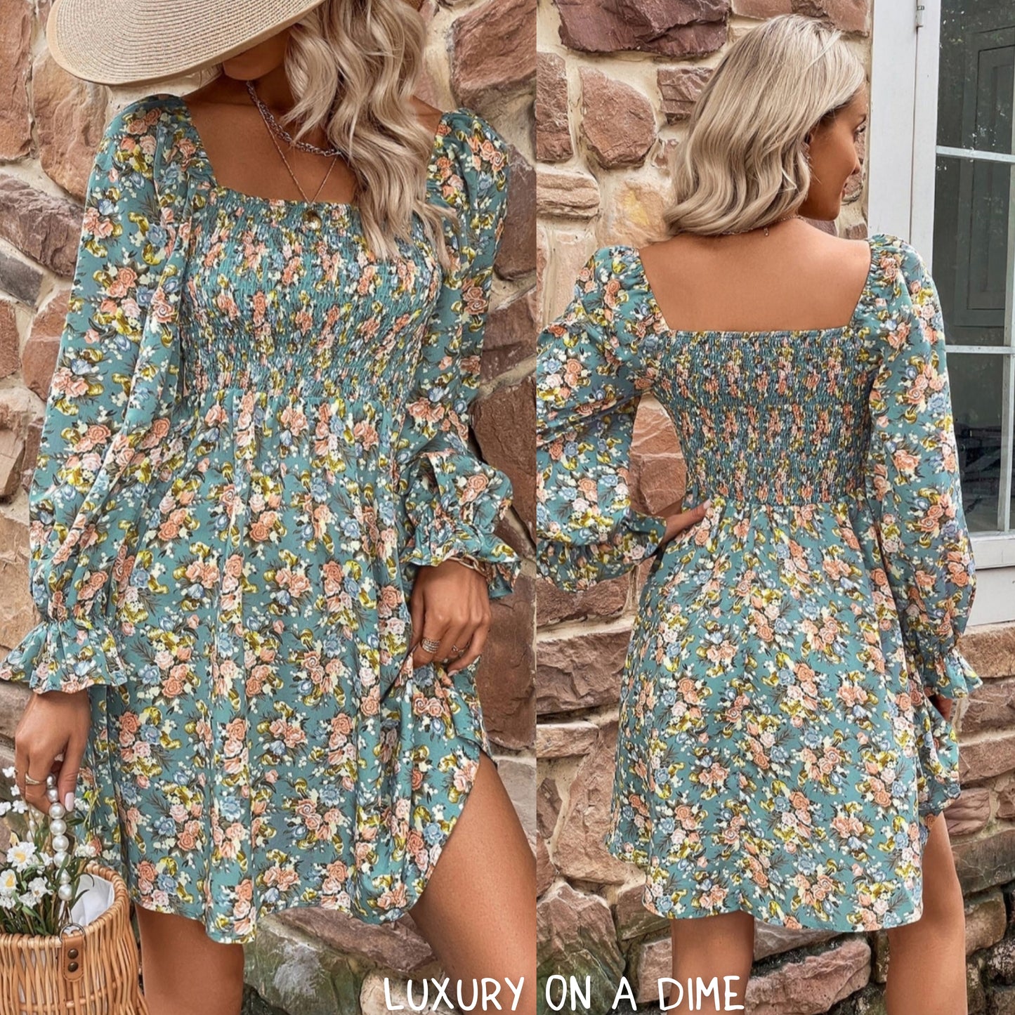 Retro Floral Print Square Neck Long-sleeve Smocked Bodice Mini Dress