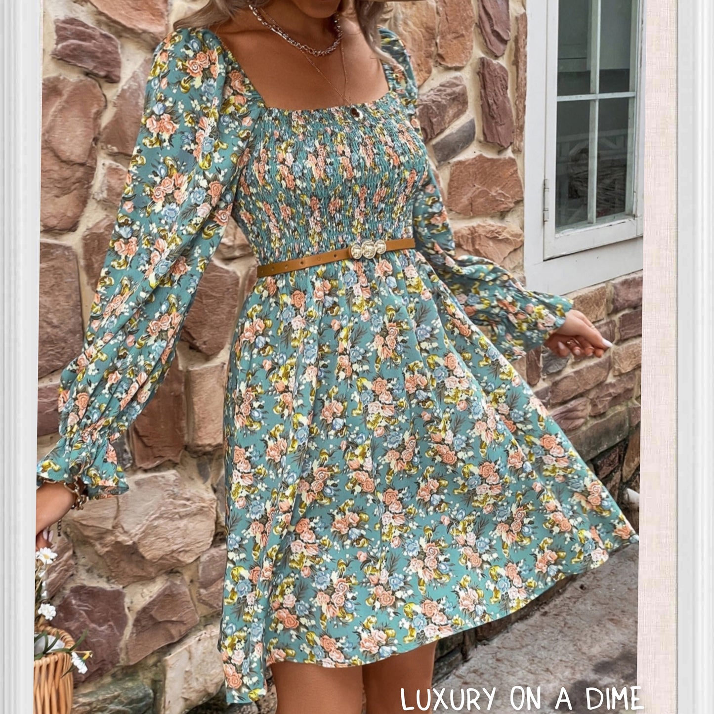 Retro Floral Print Square Neck Long-sleeve Smocked Bodice Mini Dress