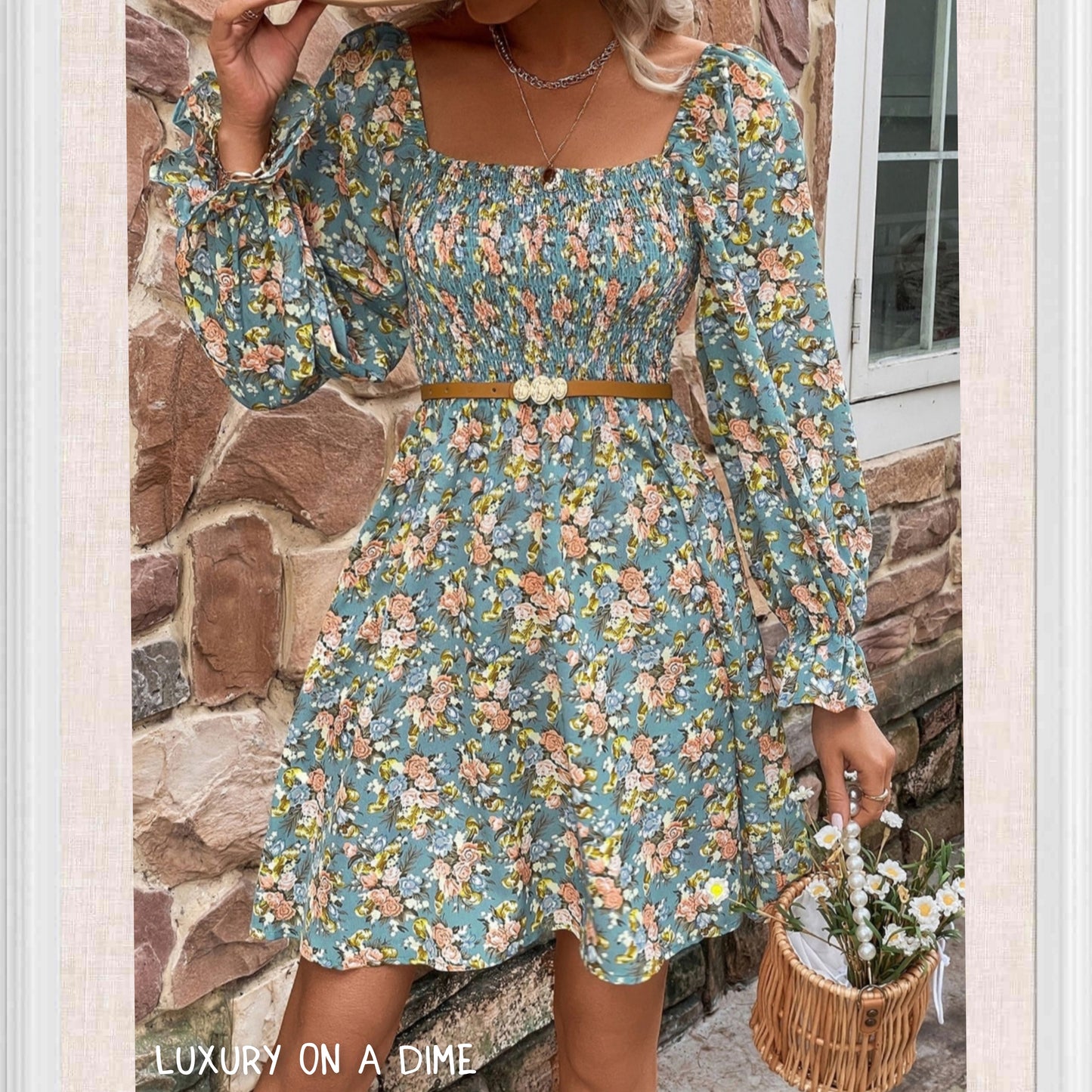 Retro Floral Print Square Neck Long-sleeve Smocked Bodice Mini Dress