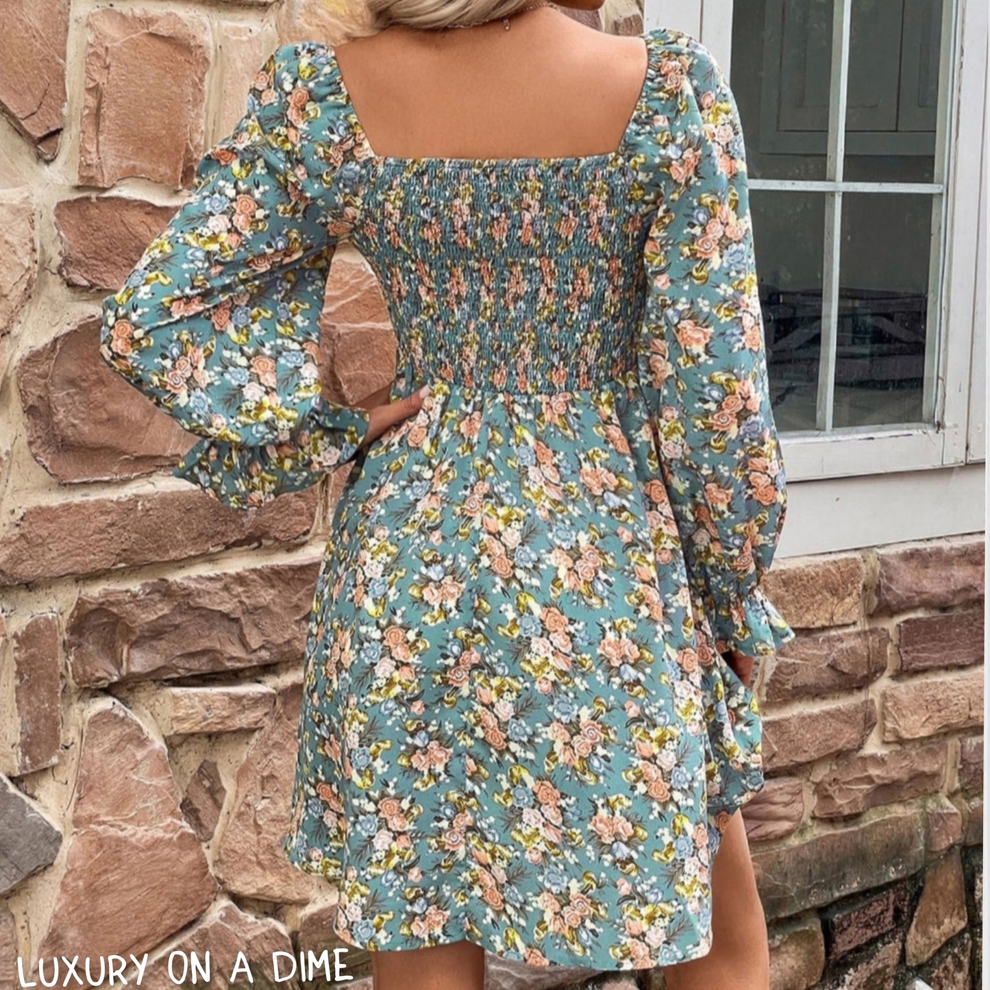 Retro Floral Print Square Neck Long-sleeve Smocked Bodice Mini Dress