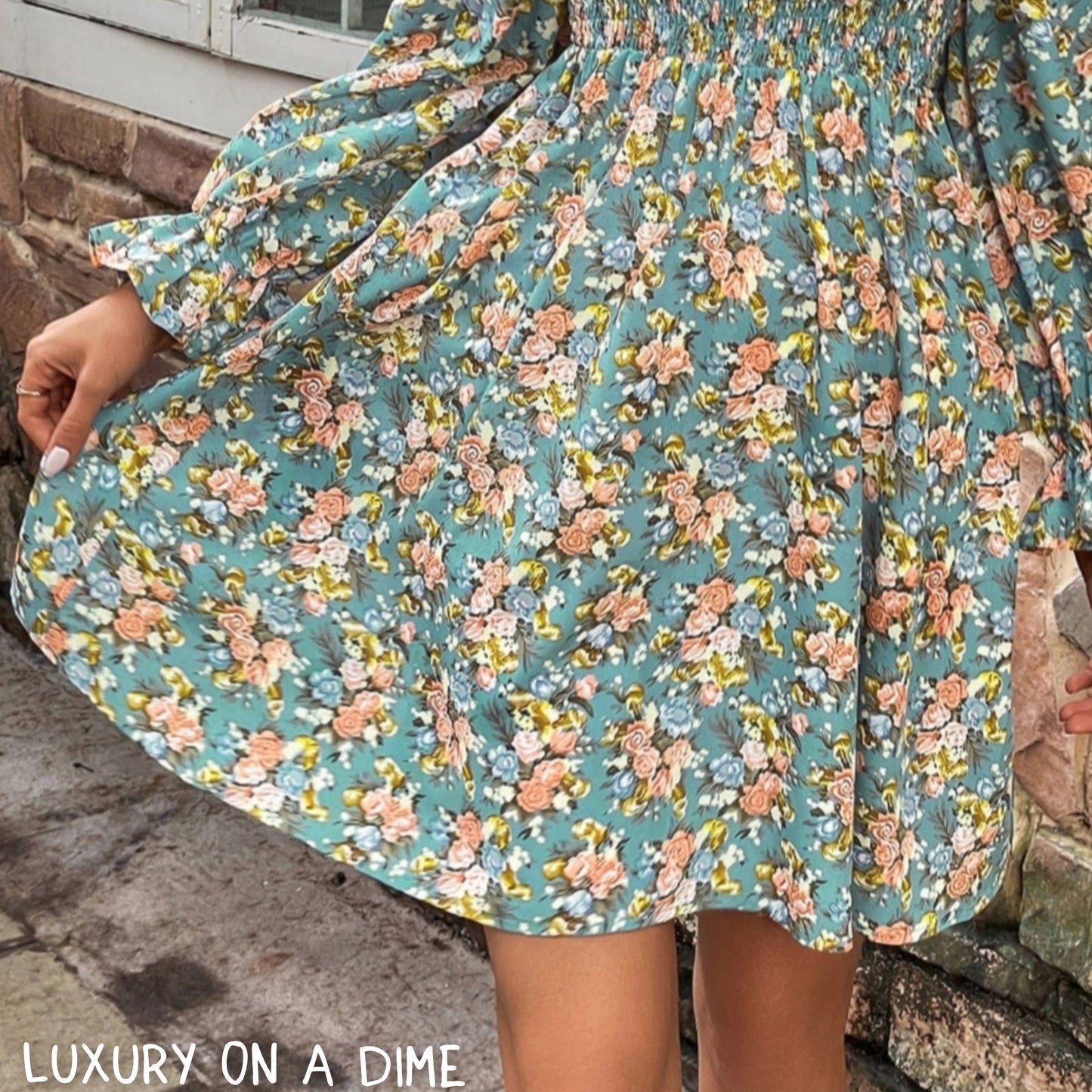 Retro Floral Print Square Neck Long-sleeve Smocked Bodice Mini Dress