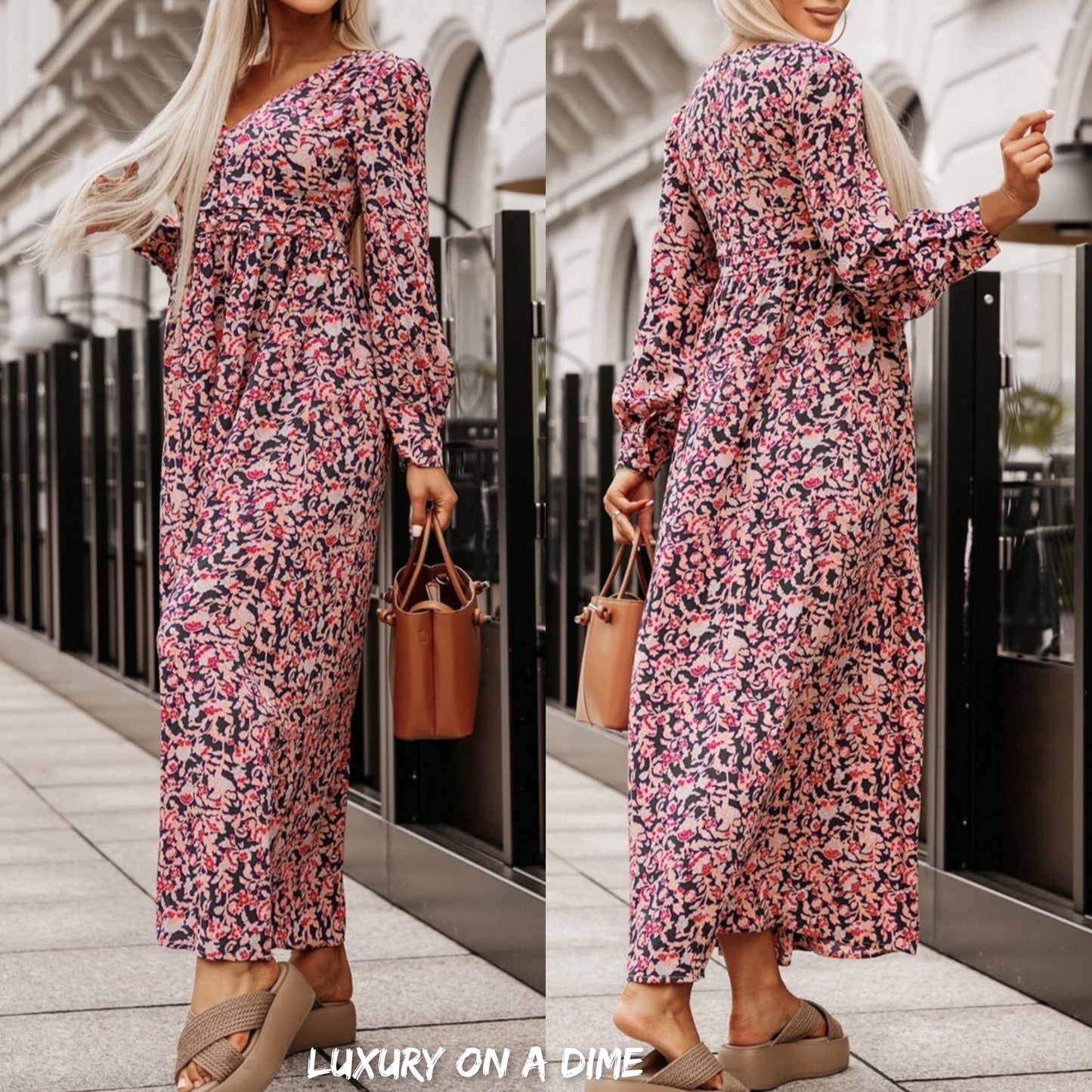Abstract Pink Floral V-Neck Buttoned Chest Long Sleeve Maxi Dress