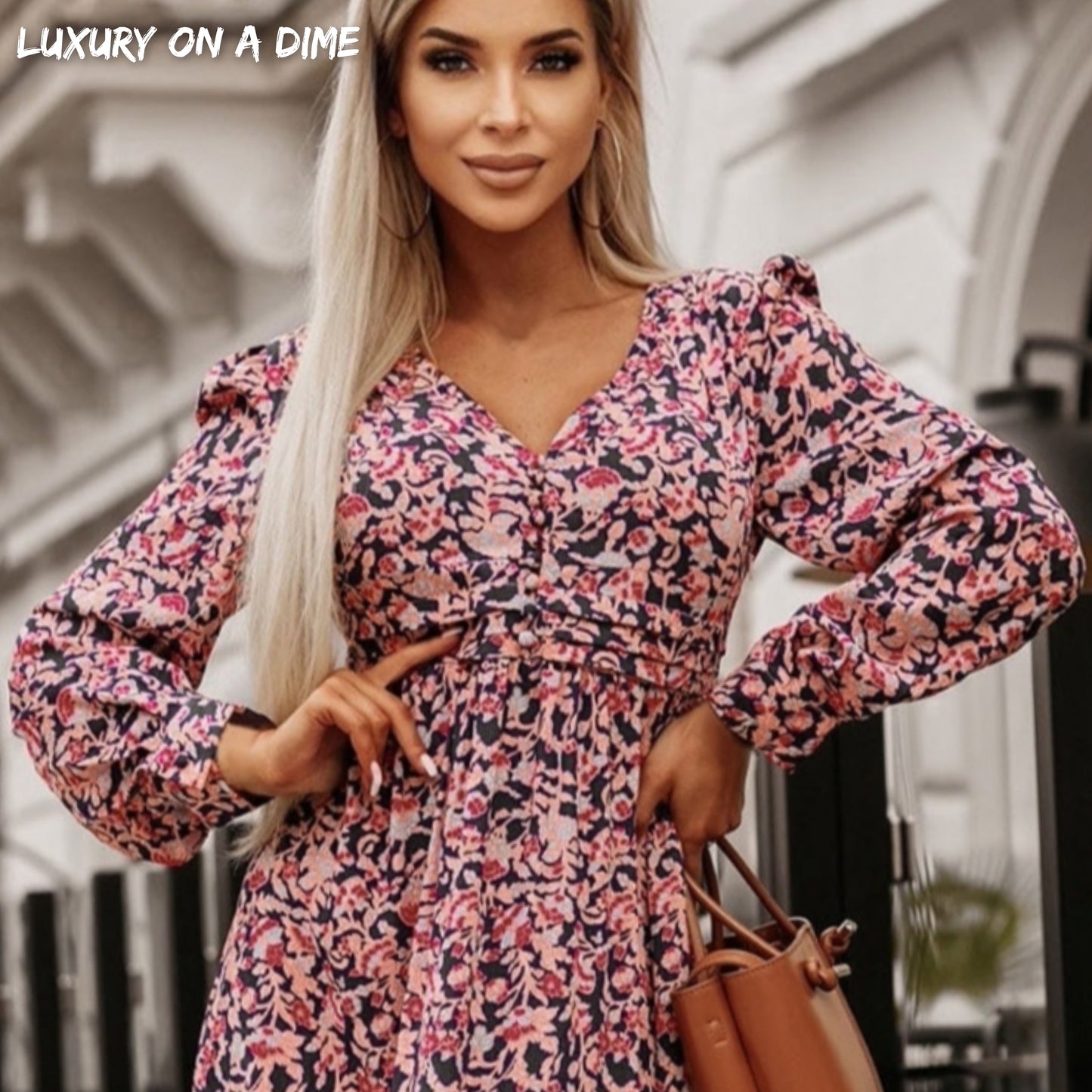 Abstract Pink Floral V-Neck Buttoned Chest Long Sleeve Maxi Dress