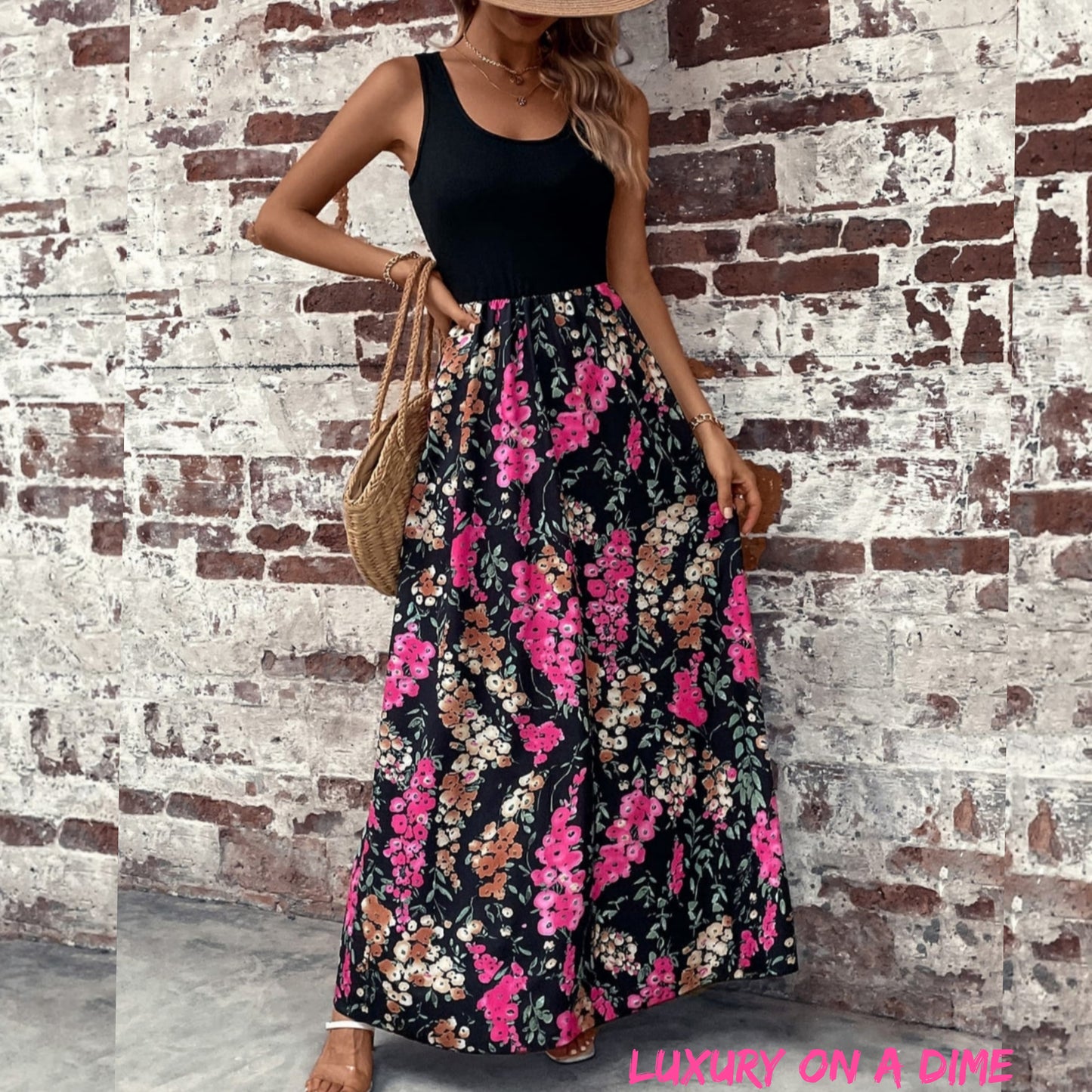 Color Block Bright Pink Floral Scoop Neck Sleeveless Maxi Dress