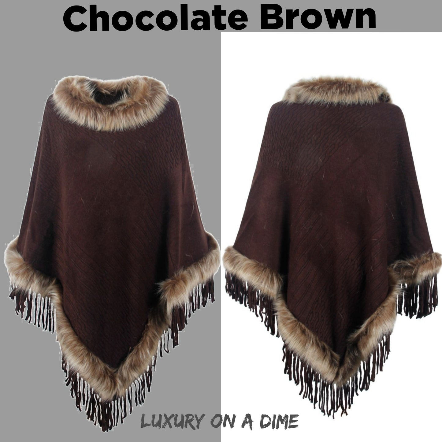 Faux Fur Retro Fringe Hem Textured Knit Pullover Poncho