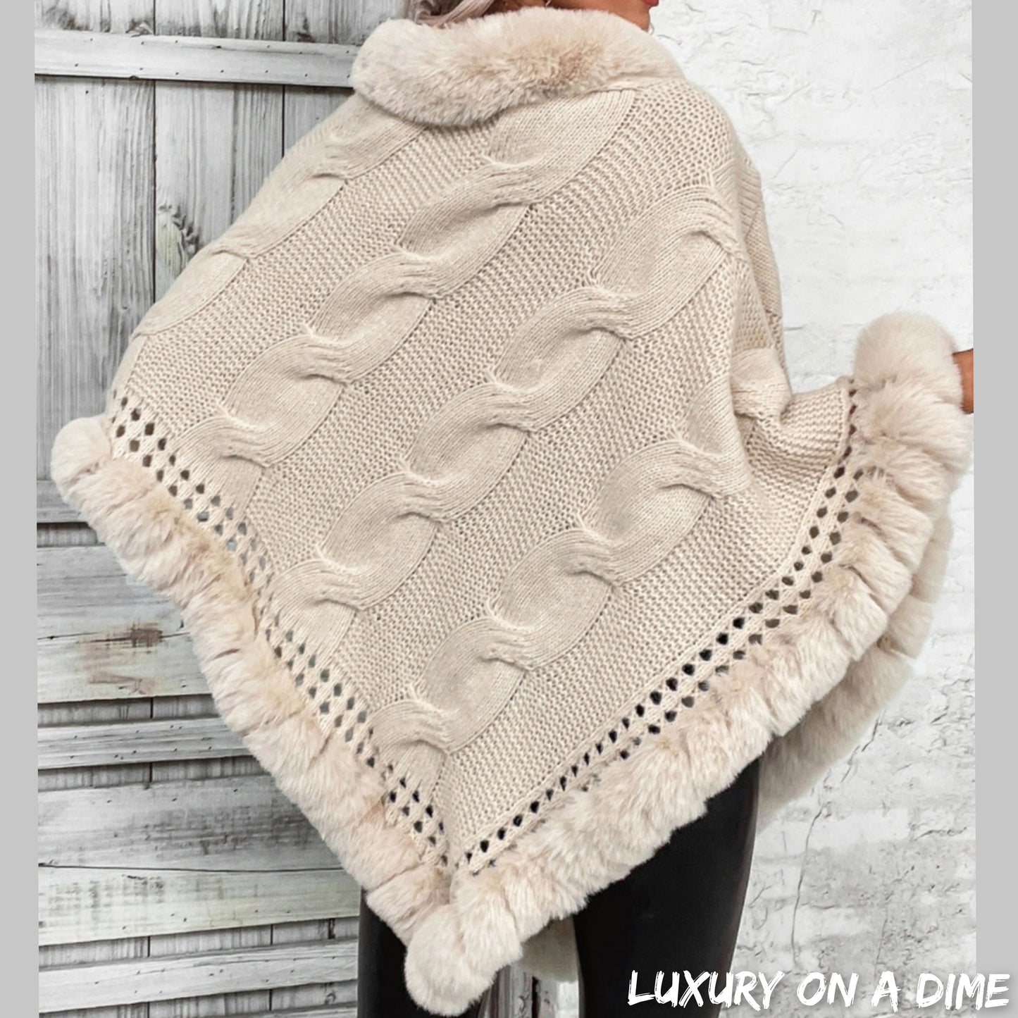 Plush Faux Fur Trim Cable Knit Pullover Poncho Sweater