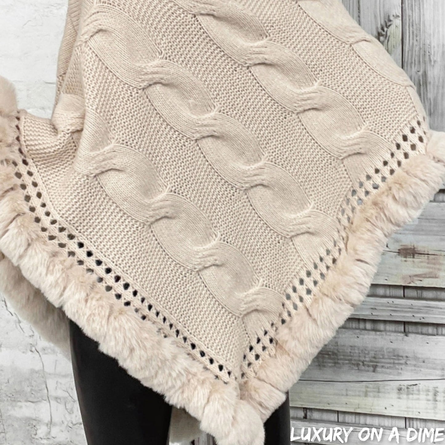 Plush Faux Fur Trim Cable Knit Pullover Poncho Sweater