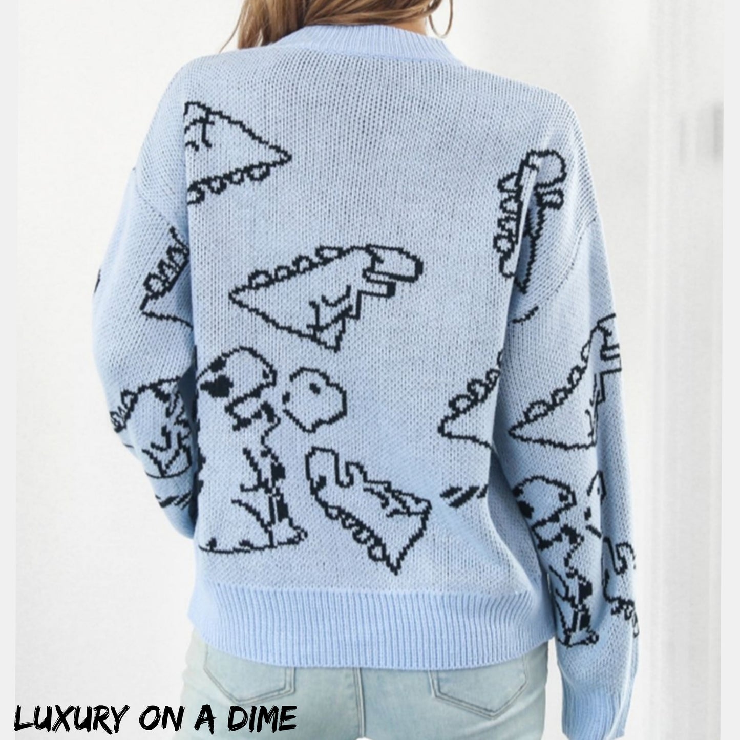 Dinosaur Knit Round Neck Playful Long Sleeve Oversized Pullover Sweater Shirt