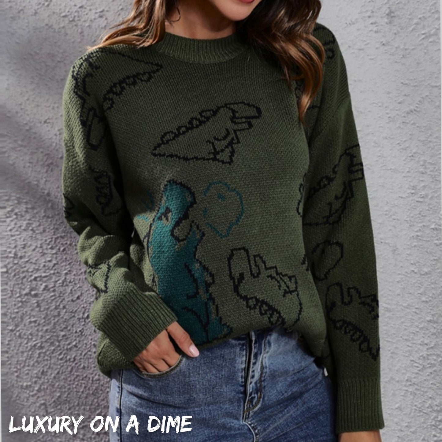 Dinosaur Knit Round Neck Playful Long Sleeve Oversized Pullover Sweater Shirt