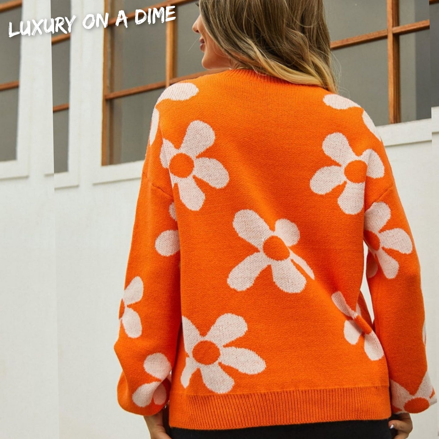Flower Power Retro Floral Knit Round Neck Long Sleeve Oversized Pullover Sweater