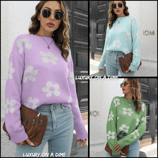 Retro Flower Power Round Neck Long Sleeve Floral Knit Oversized Pullover Sweater