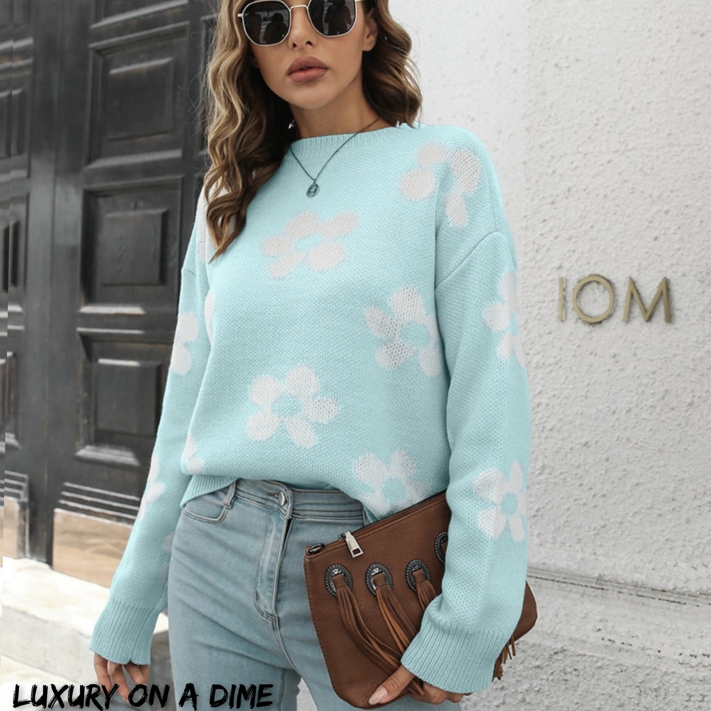 Retro Flower Power Round Neck Long Sleeve Floral Knit Oversized Pullover Sweater