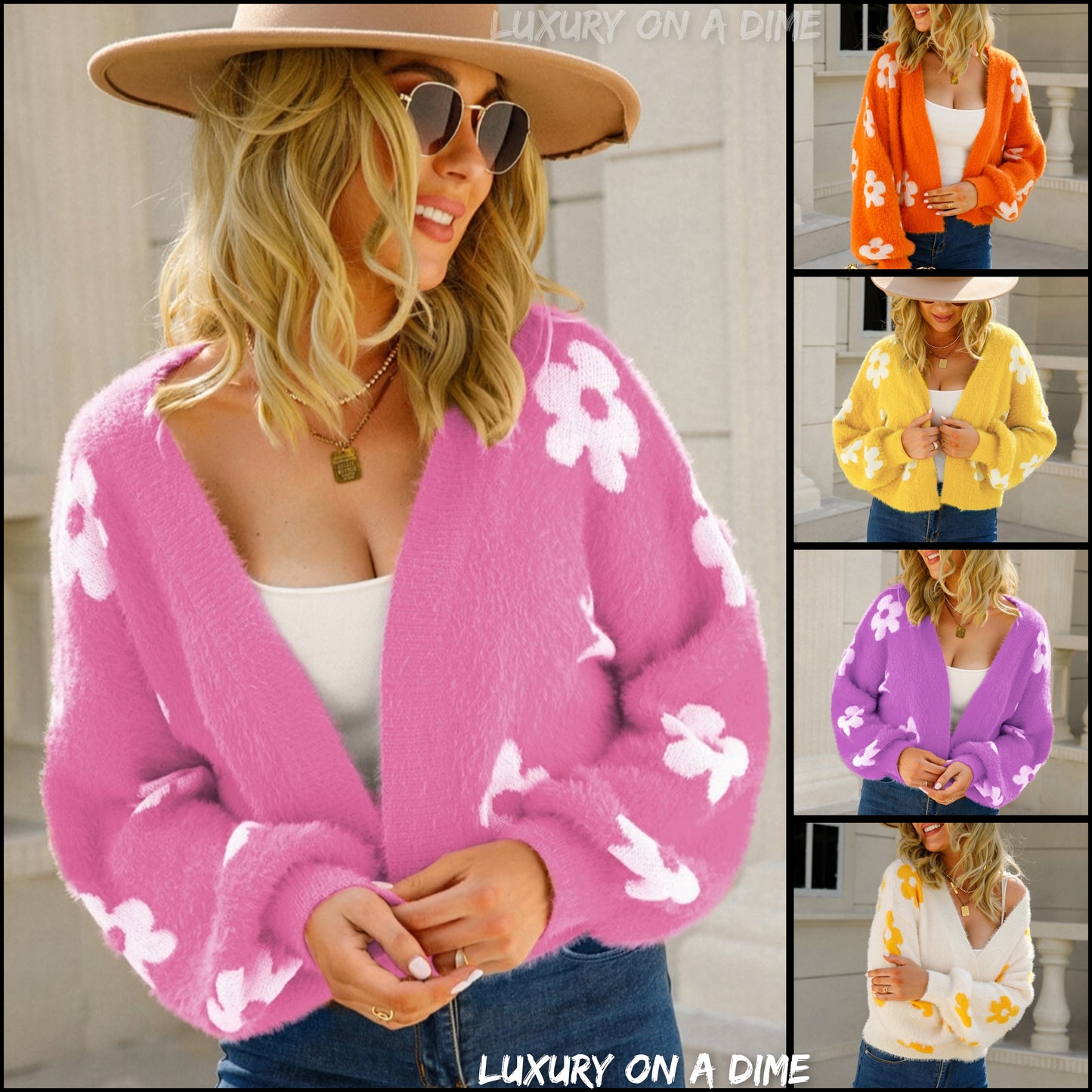 Fuzzy Soft Knit Flower Print Open Front Colorful Cardigan Sweater