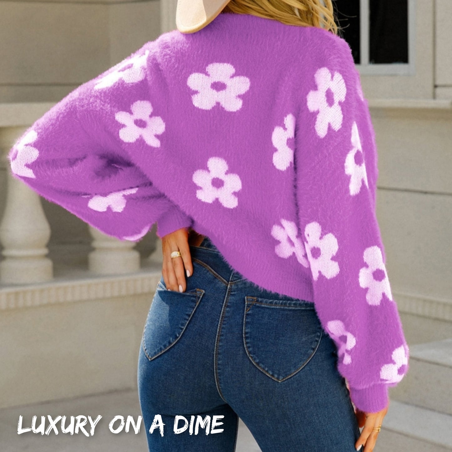 Fuzzy Soft Knit Flower Print Open Front Colorful Cardigan Sweater