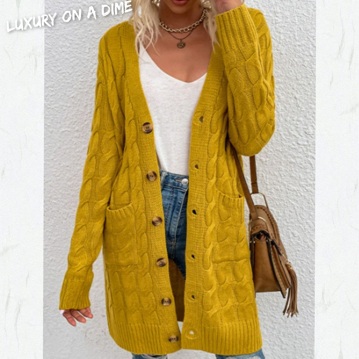 Chunky Cable-Knit Classic Button Front Long Cardigan with Pockets