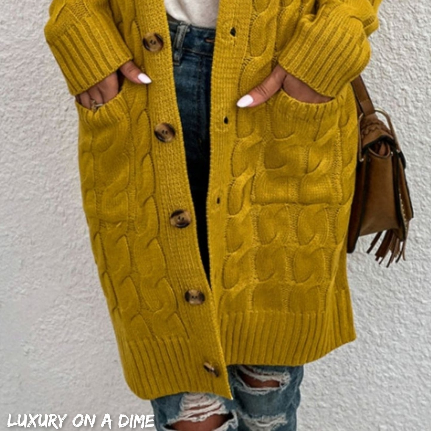 Chunky Cable-Knit Classic Button Front Long Cardigan with Pockets