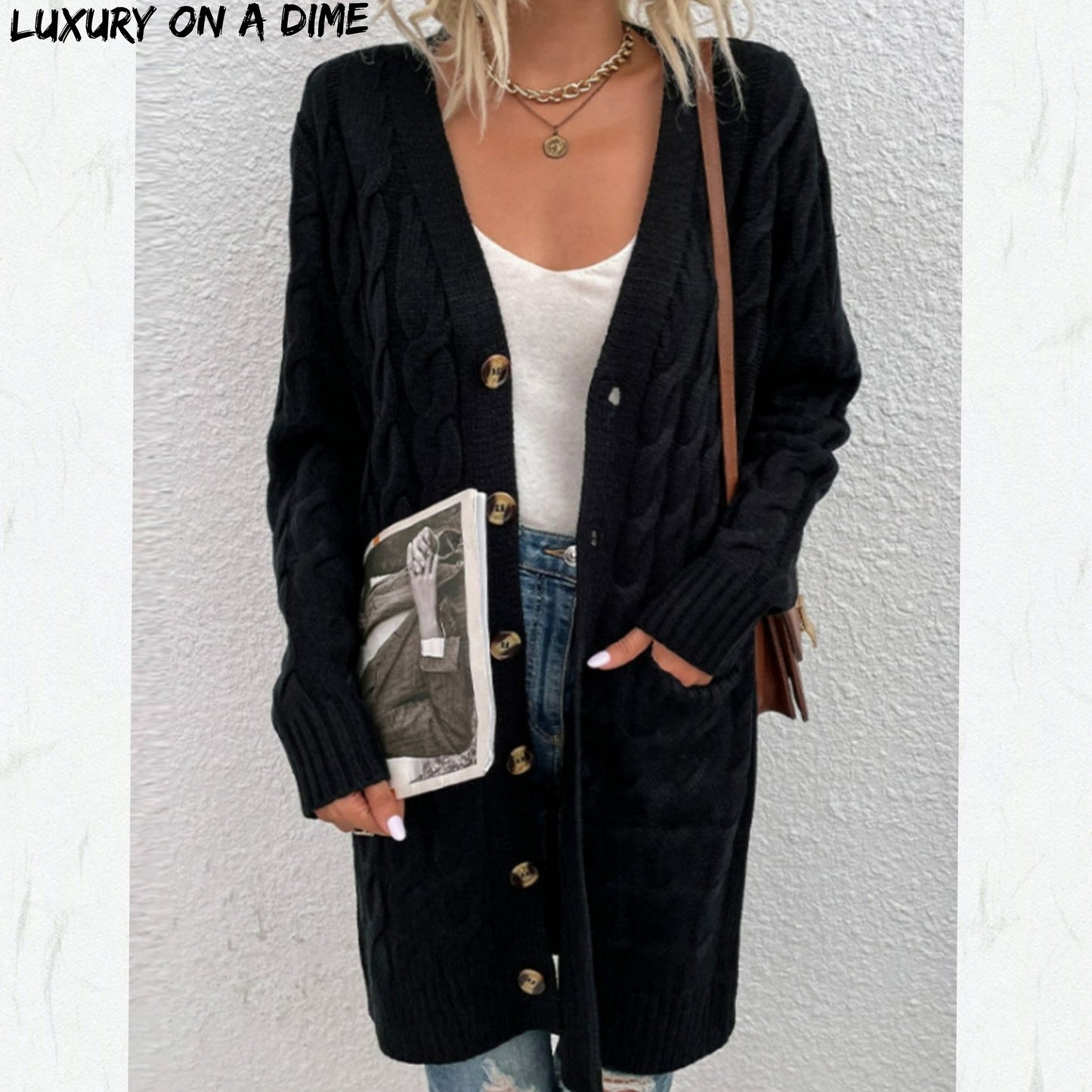 Chunky Cable-Knit Classic Button Front Long Cardigan with Pockets