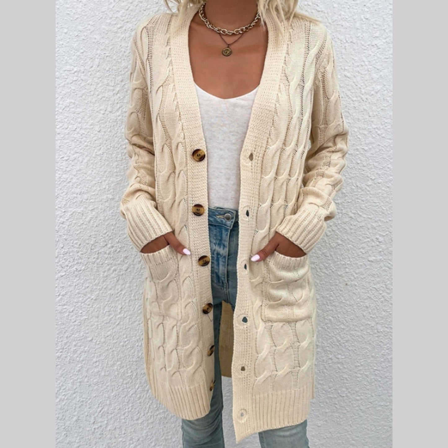 Chunky Cable-Knit Classic Button Front Long Cardigan with Pockets