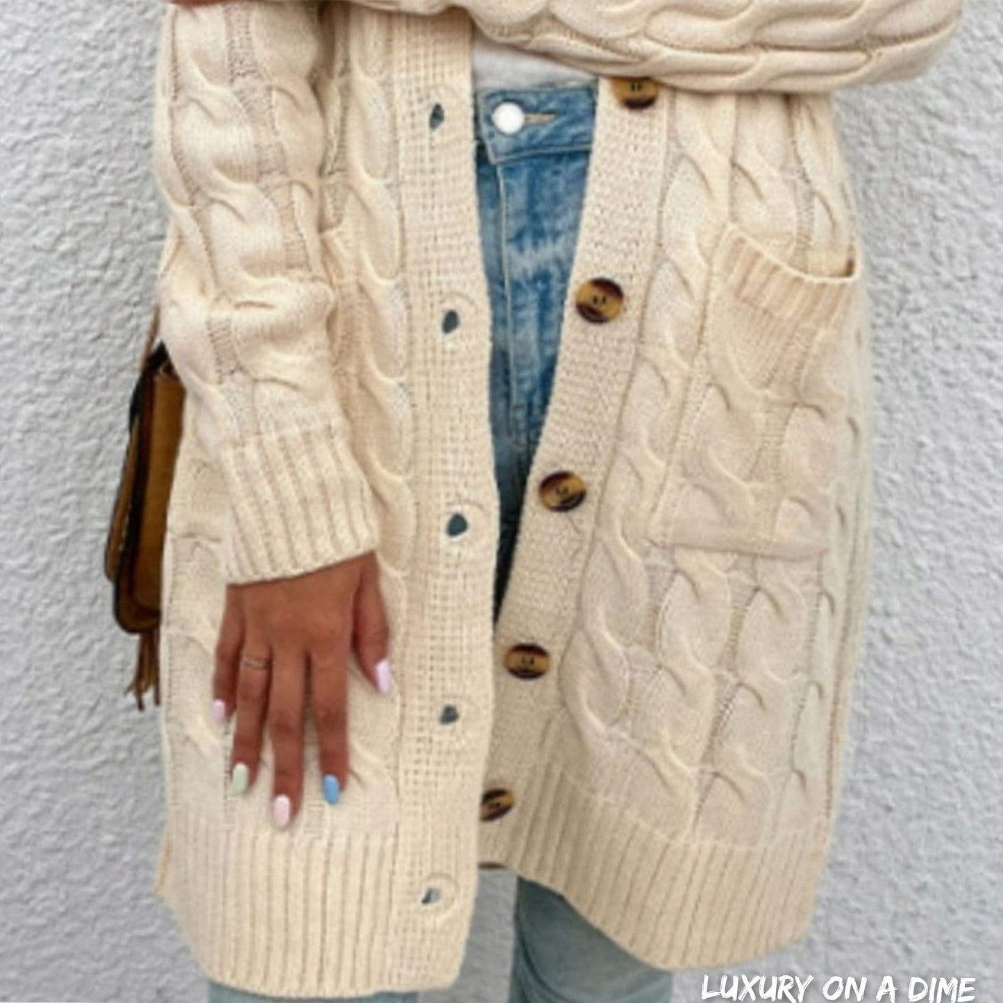 Chunky Cable-Knit Classic Button Front Long Cardigan with Pockets