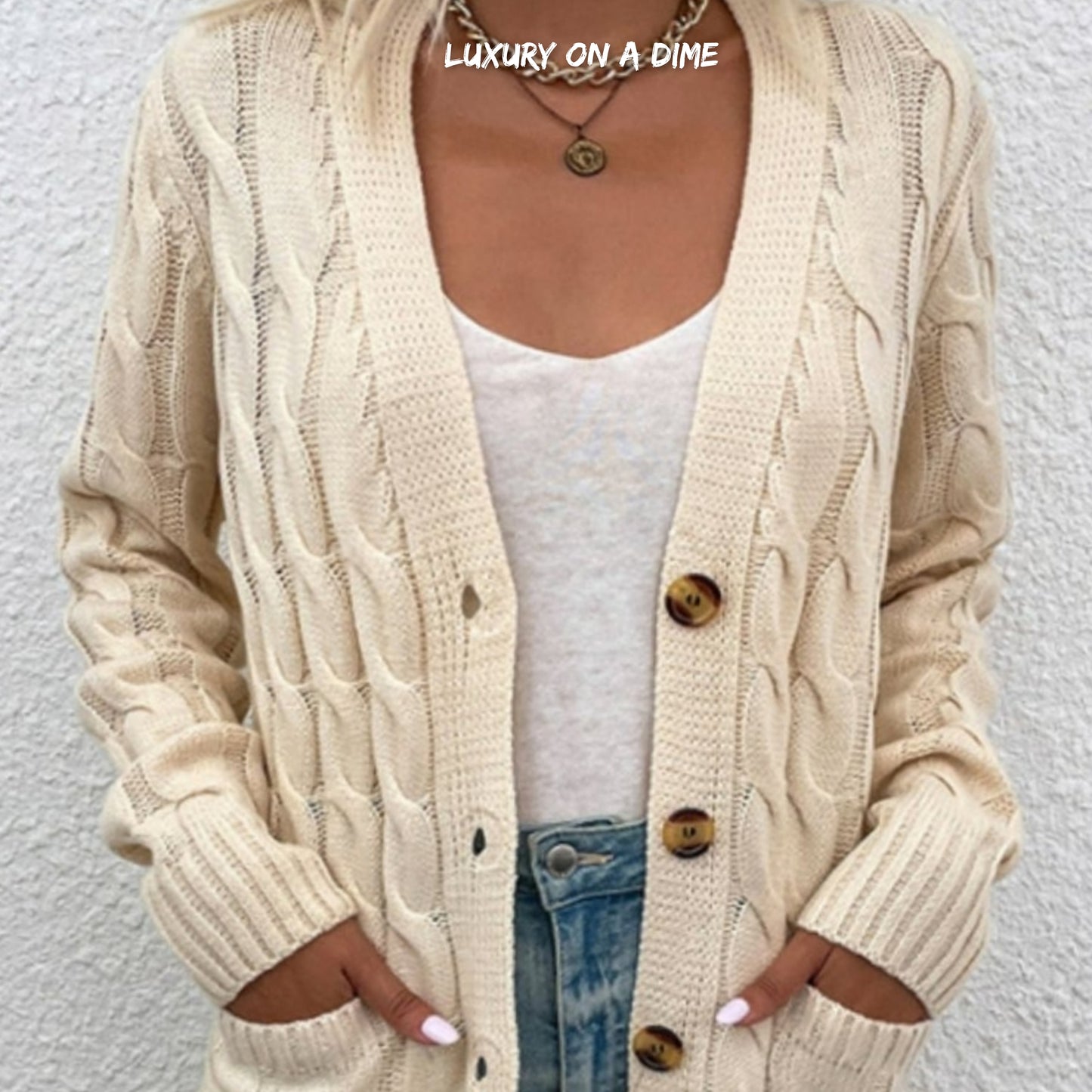 Chunky Cable-Knit Classic Button Front Long Cardigan with Pockets