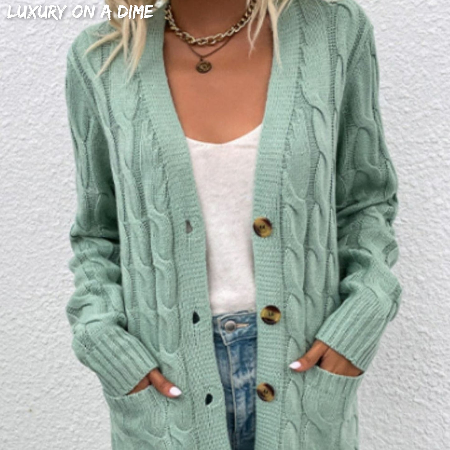 Chunky Cable-Knit Classic Button Front Long Cardigan with Pockets