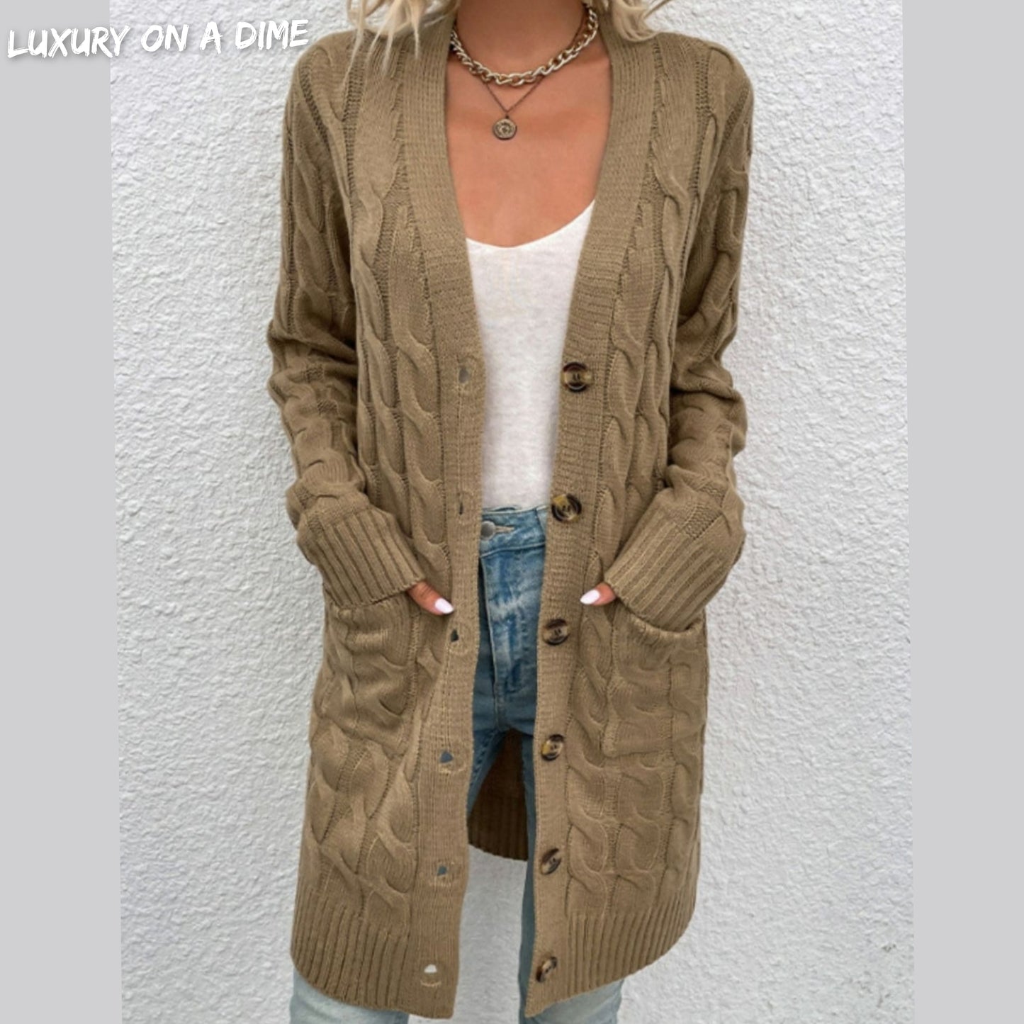 Chunky Cable-Knit Classic Button Front Long Cardigan with Pockets