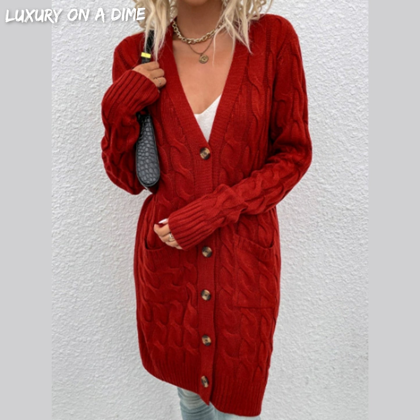 Chunky Cable-Knit Classic Button Front Long Cardigan with Pockets