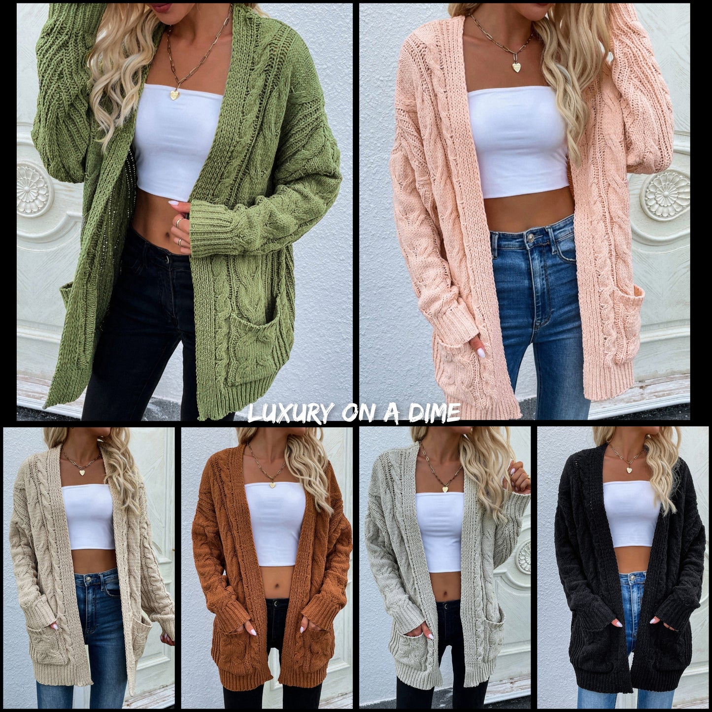 Cable-Knit Long Classic Open Front Pocket Fall Winter Boho Cardigan