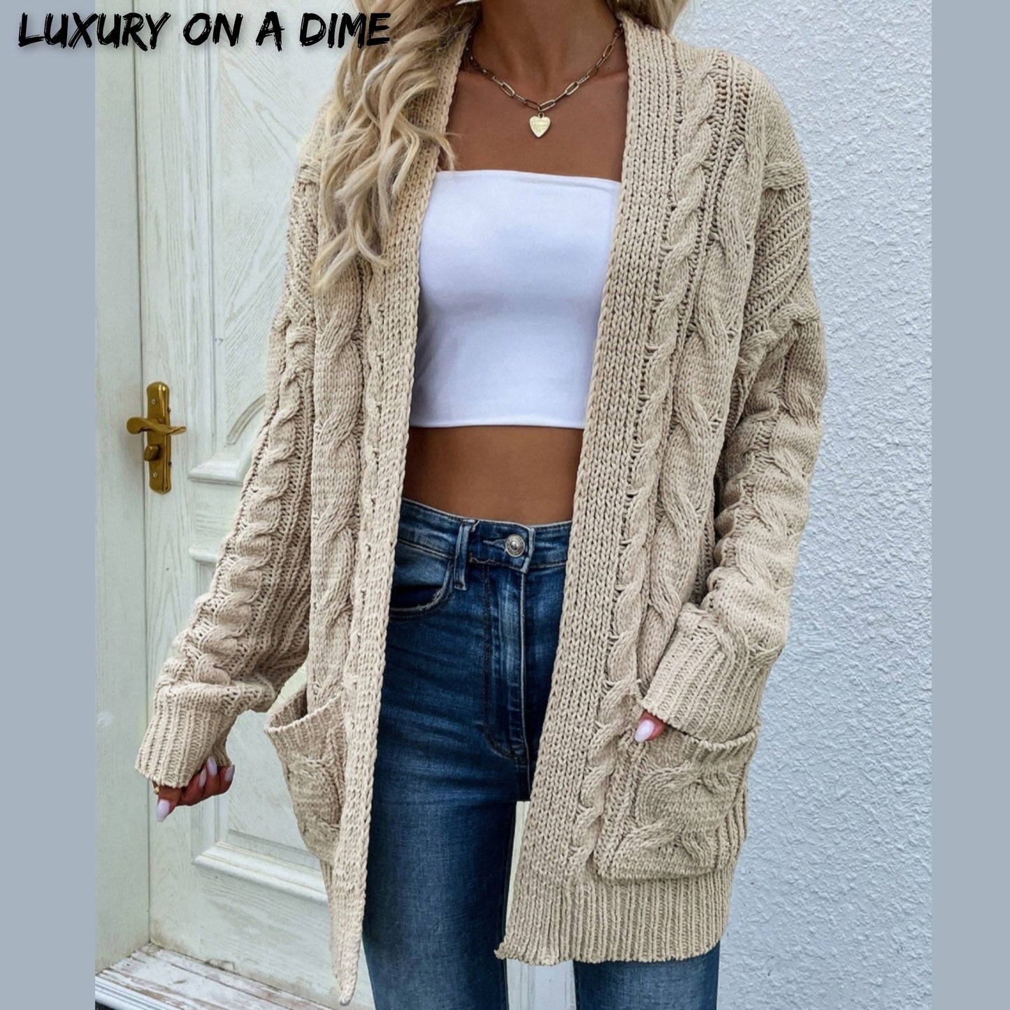 Cable-Knit Long Classic Open Front Pocket Fall Winter Boho Cardigan